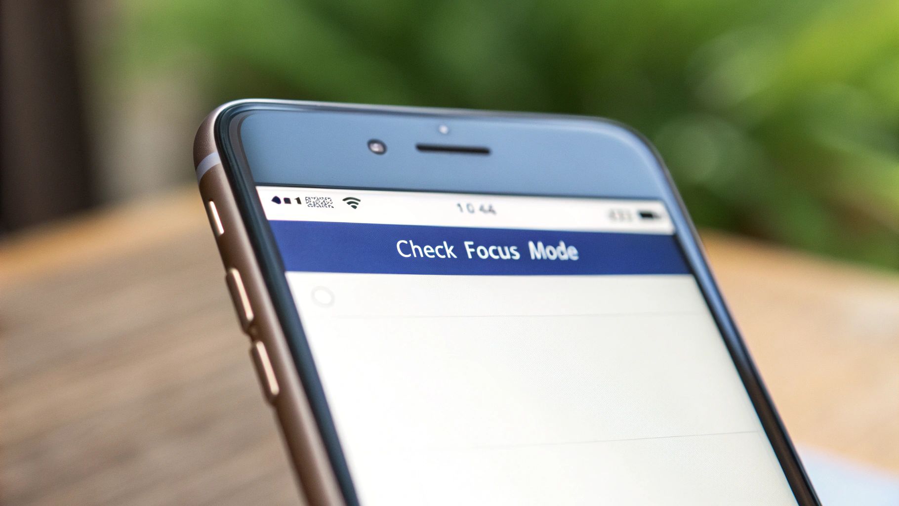 Close-up of an iPhone screen displaying a 'Check Focus Mode' notification and the time 10:44.
