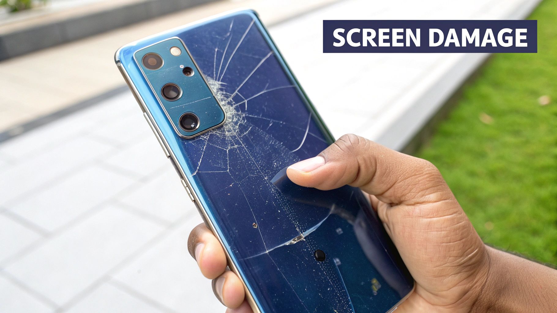 A person holds a blue smartphone with a severely cracked back screen and camera module, indicating damage.