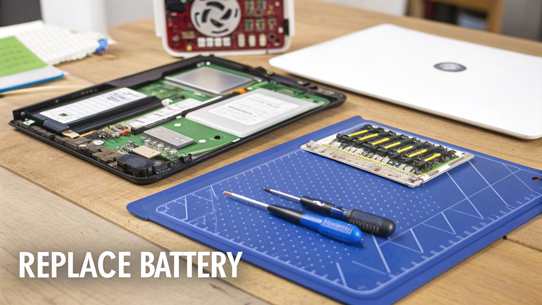 A disassembled tablet or laptop on a wooden table, revealing internal components and tools, ready for battery replacement.