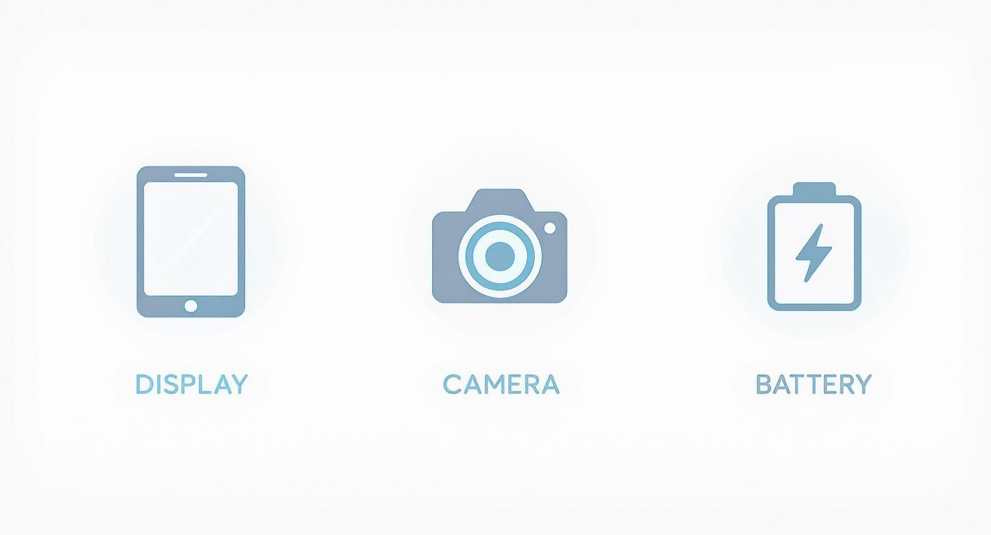 An infographic showing key features of modern budget phones, with icons for Display, Camera, and Battery.