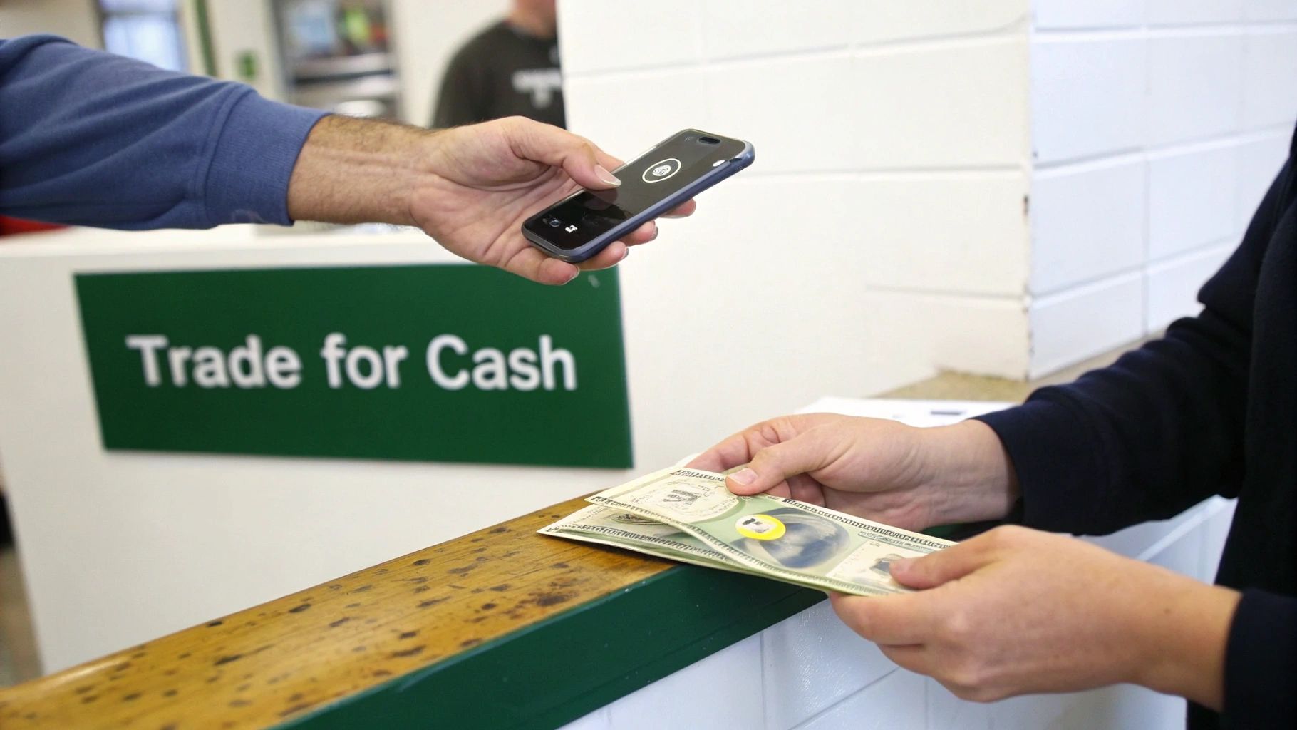 Hands trading a smartphone for cash, with a green 'Trade for Cash' sign.