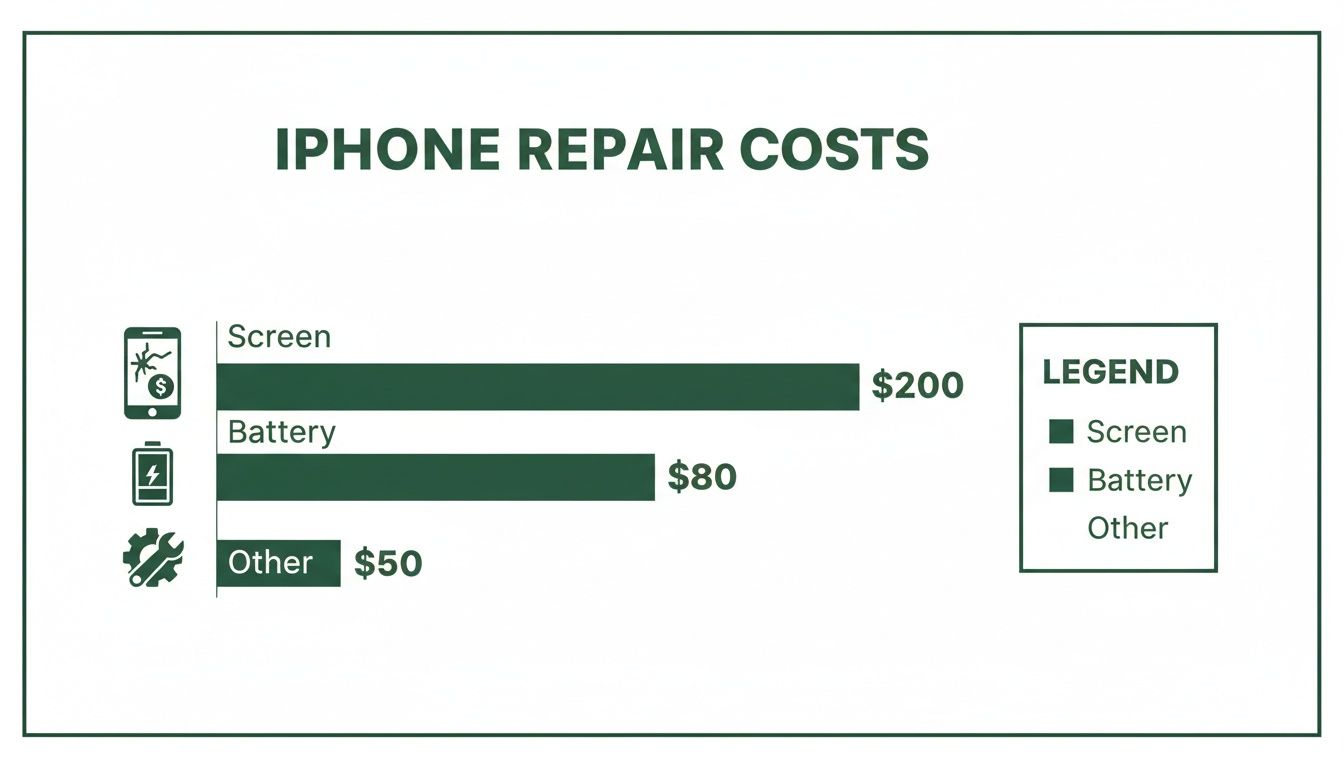 Horizontal bar chart illustrating estimated iPhone repair costs: Screen $200, Battery $80, and Other $50.