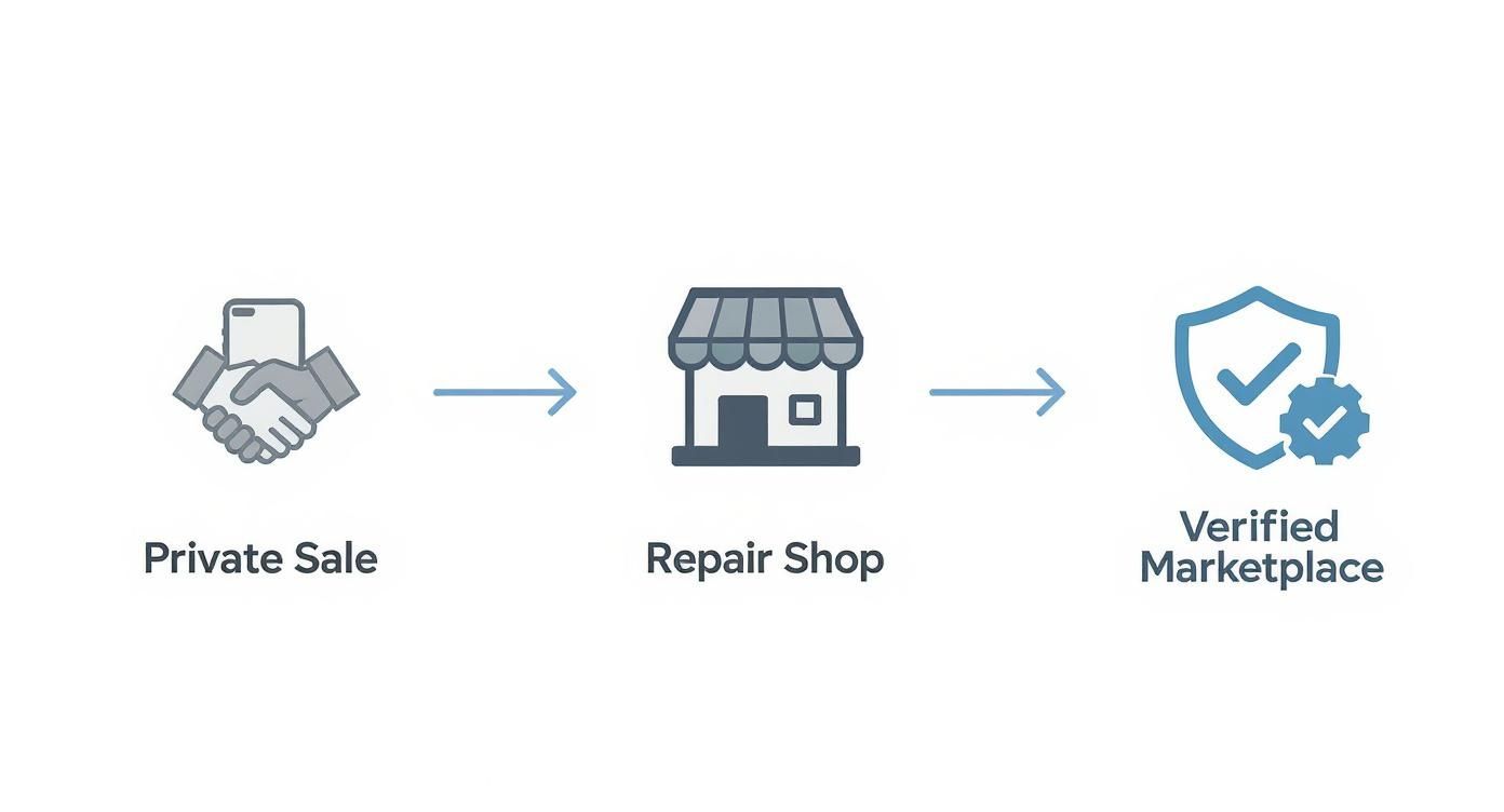 Infographic showing the process of buying a second hand phone, moving from private sales to repair shops and finally to a verified marketplace, which is highlighted as the safest option.