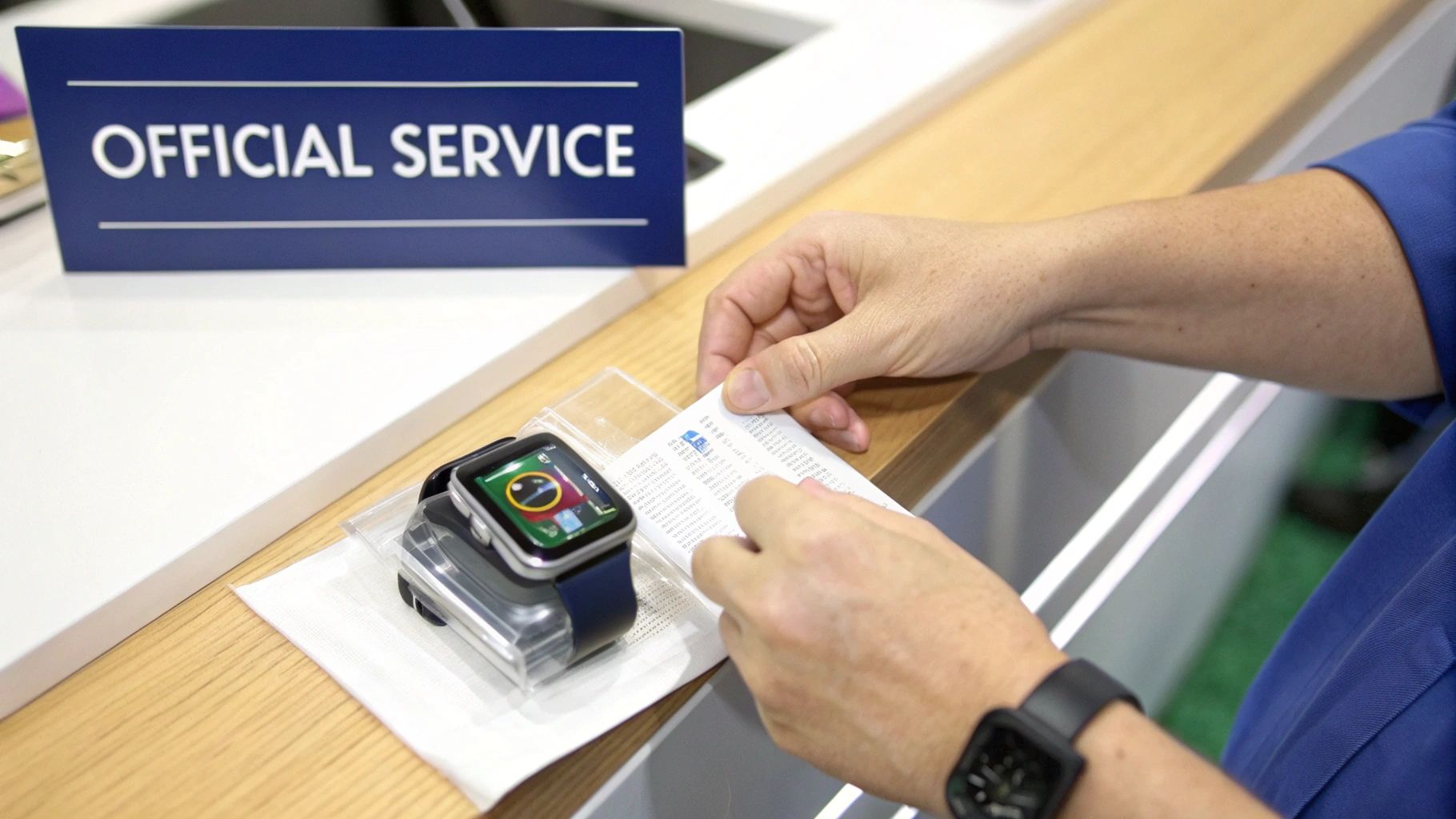 Close-up of hands reviewing a document at an official service counter with an Apple Watch.