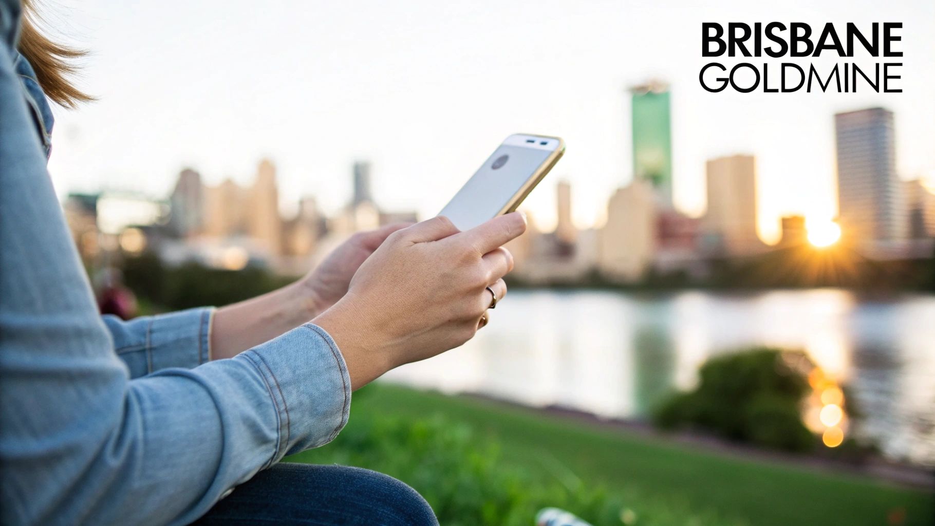 A person holding and inspecting a second hand smartphone in their hand, with a blurred city background suggesting Brisbane.