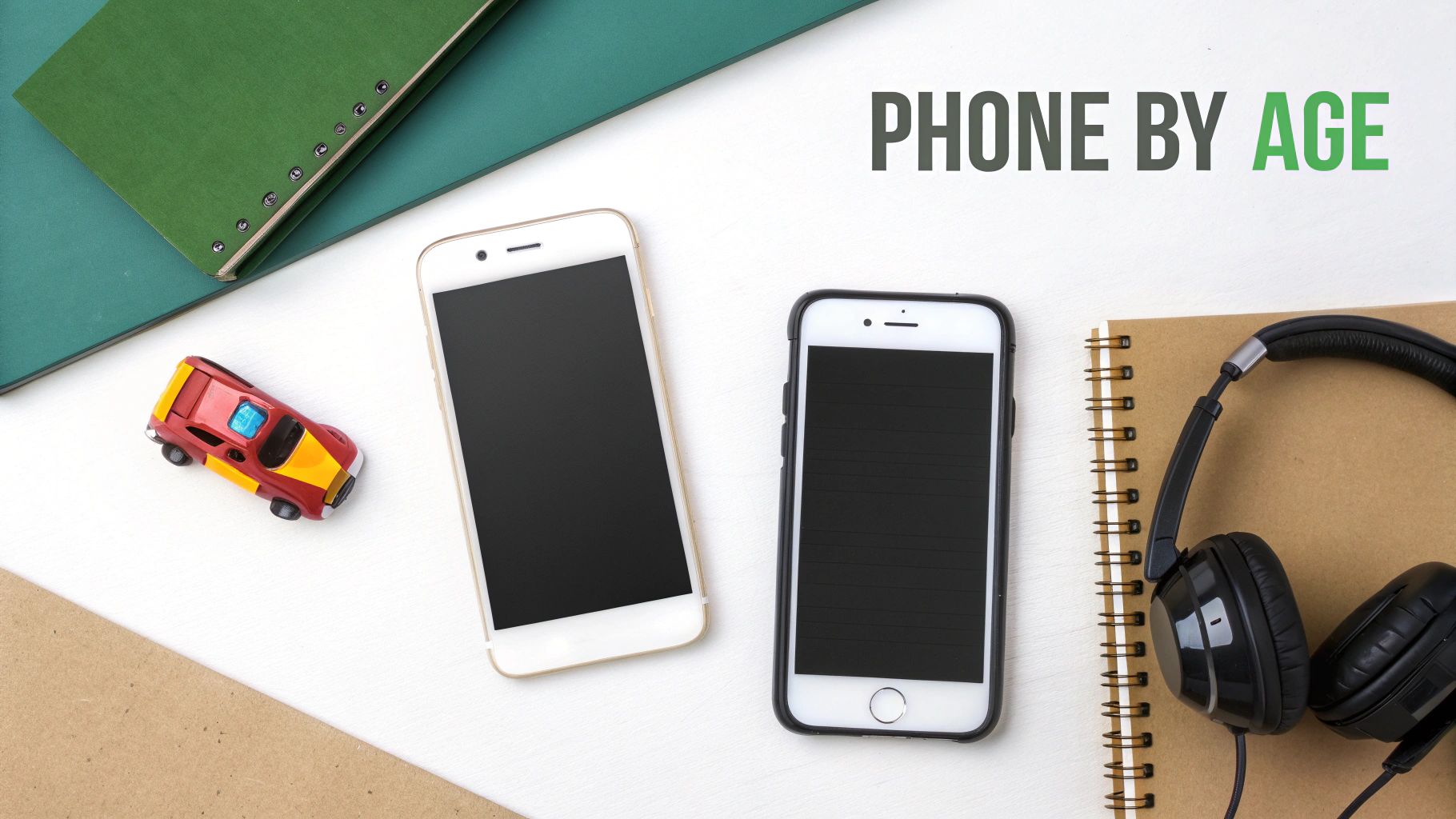 A flat lay shows two smartphones, a toy car, notebooks, and headphones, with the text 'PHONE BY AGE'.