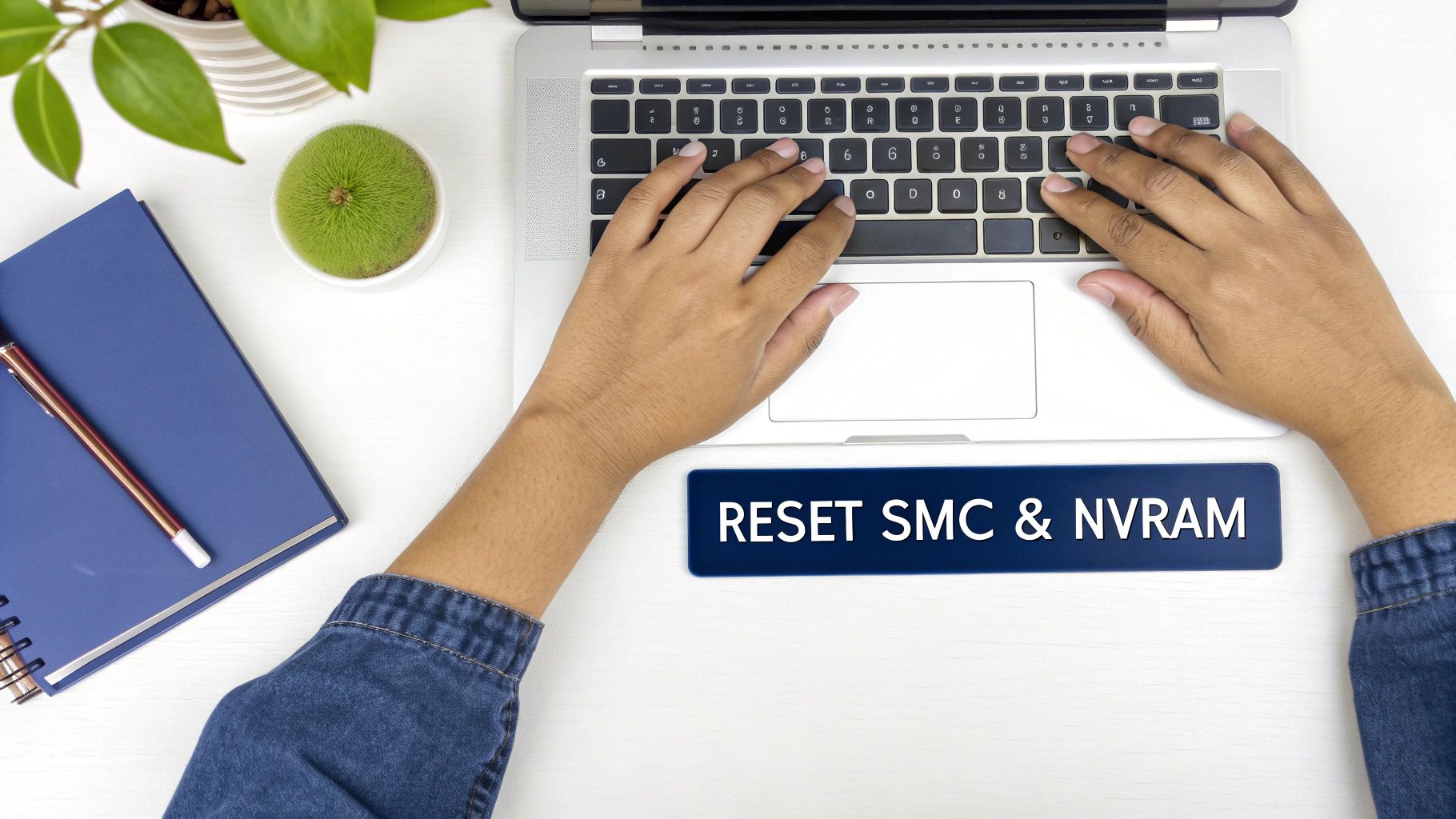 Person typing on MacBook laptop to reset SMC and NVRAM troubleshooting system issues
