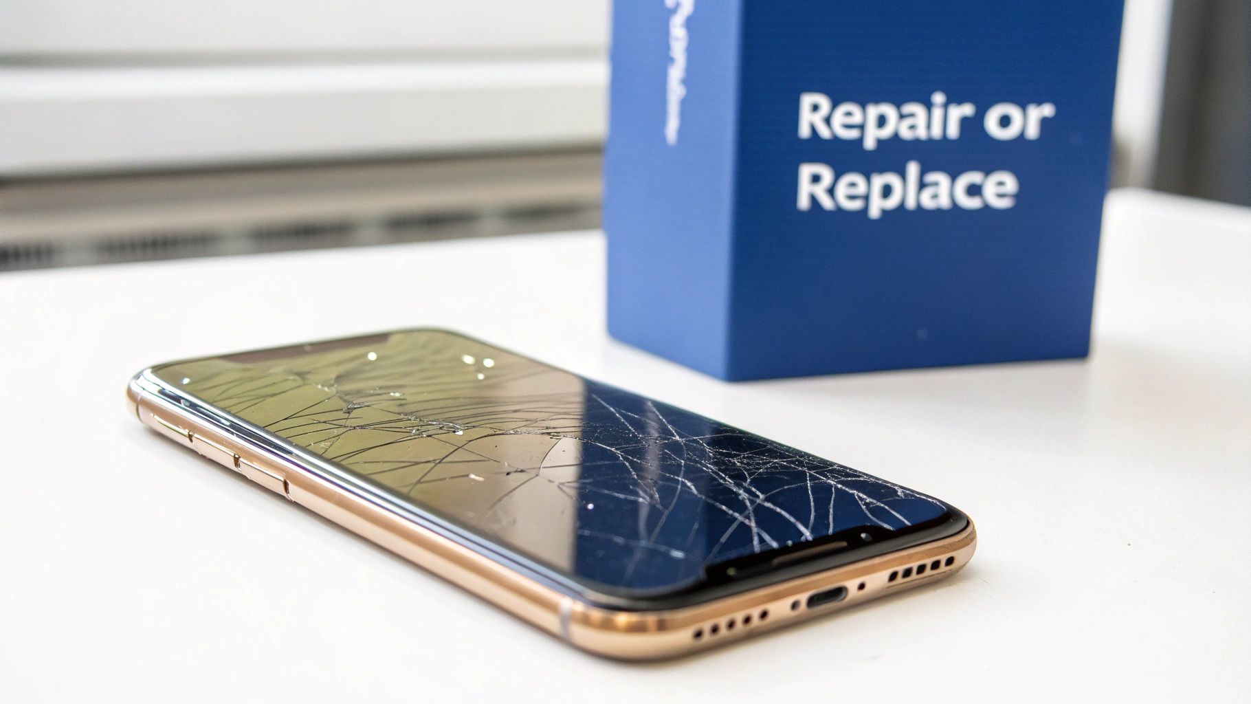 A gold iPhone XR with a severely cracked screen sits on a white table, next to a blue box.