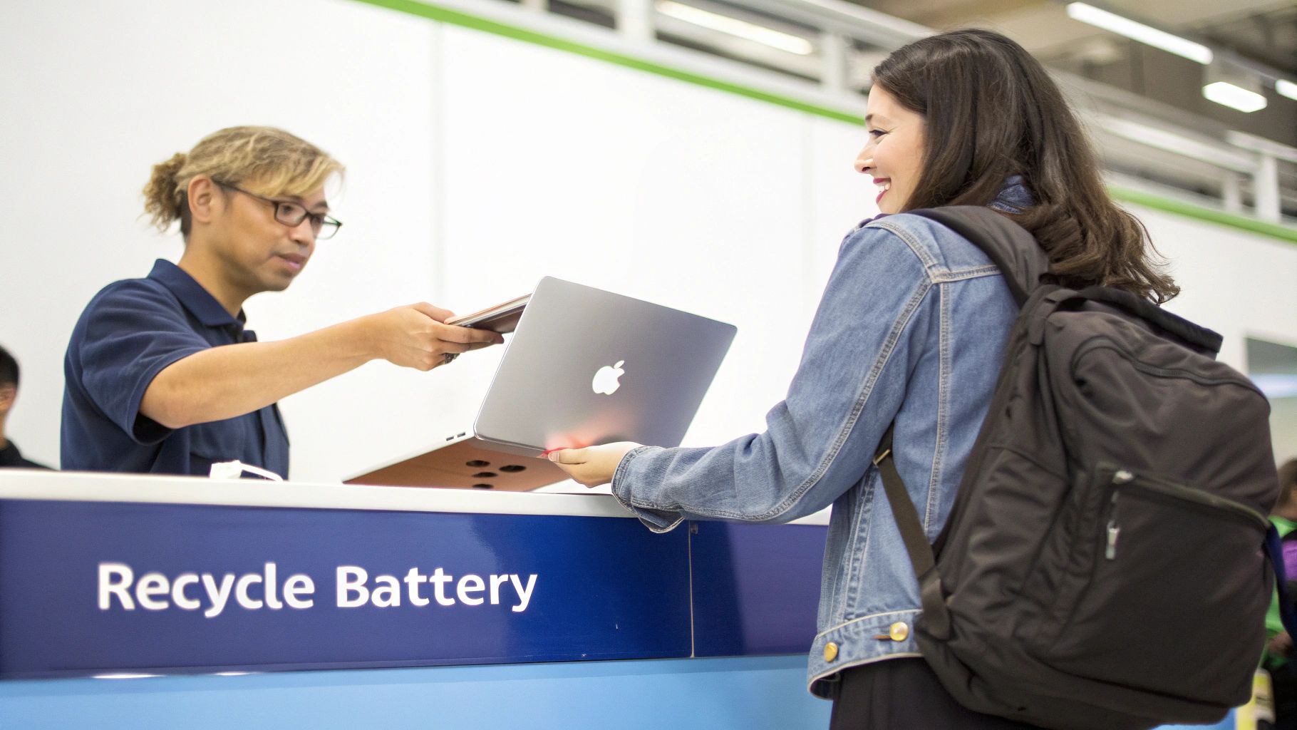 A smiling woman hands an Apple MacBook Air to a man at a 'Recycle Battery' counter.