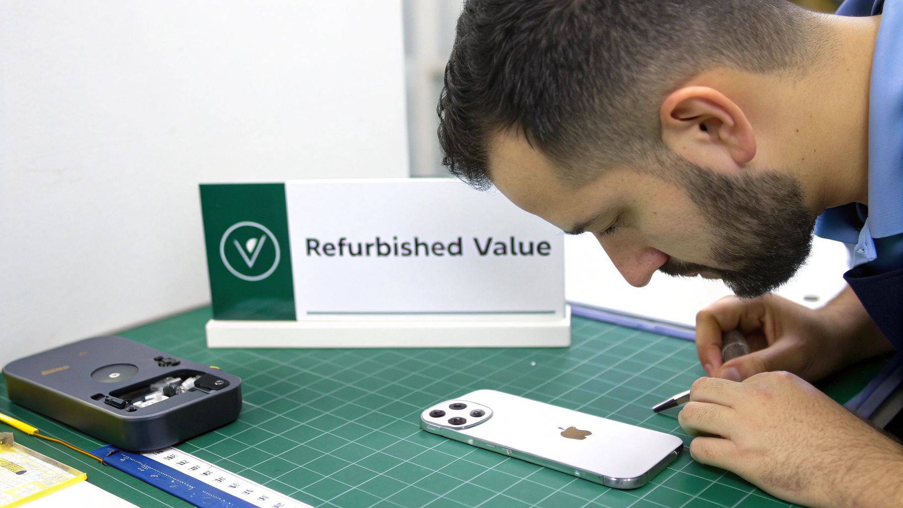 A man intently repairs a silver iPhone 12 on a green mat with tools, next to a 'Refurbished Value' sign.