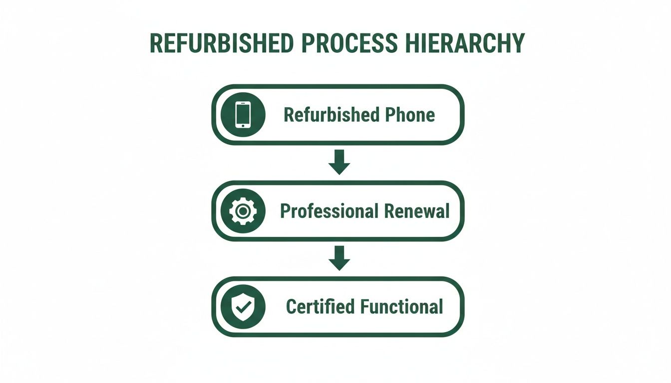 Diagram illustrating the three steps of a refurbished phone process: Refurbished Phone, Professional Renewal, and Certified Functional.