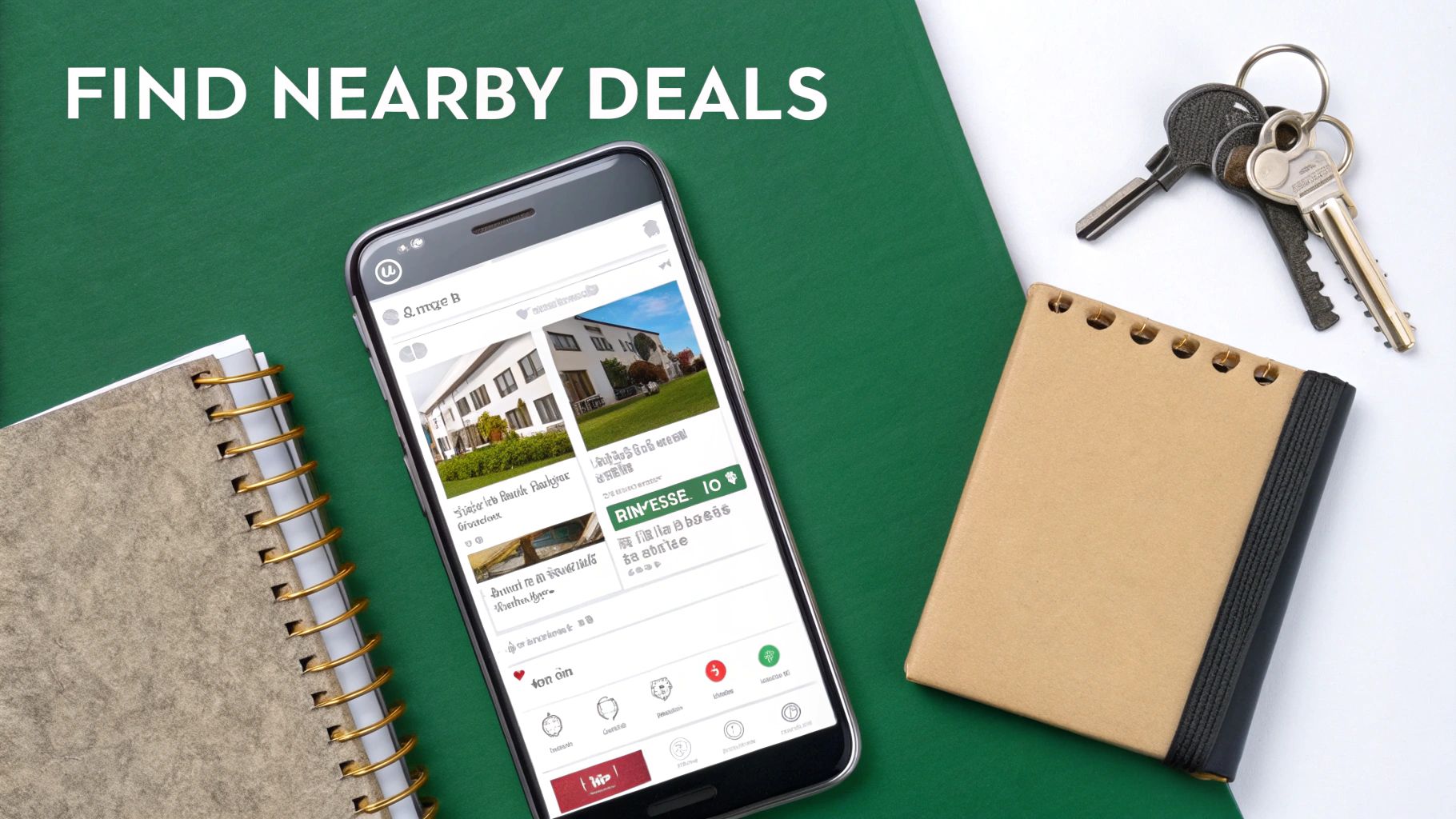 A person's hands holding a smartphone, with a city map blurred in the background, suggesting a local search.