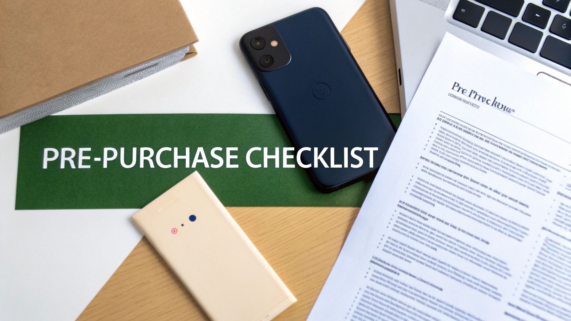 Flat lay of a desk with a pre-purchase checklist, smartphone, laptop, and folder.