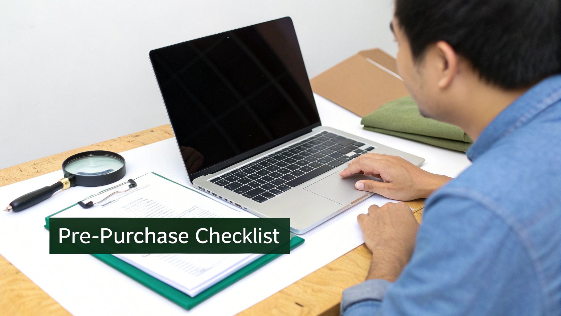 A man uses a laptop and reviews a pre-purchase checklist document on a desk with a magnifying glass.