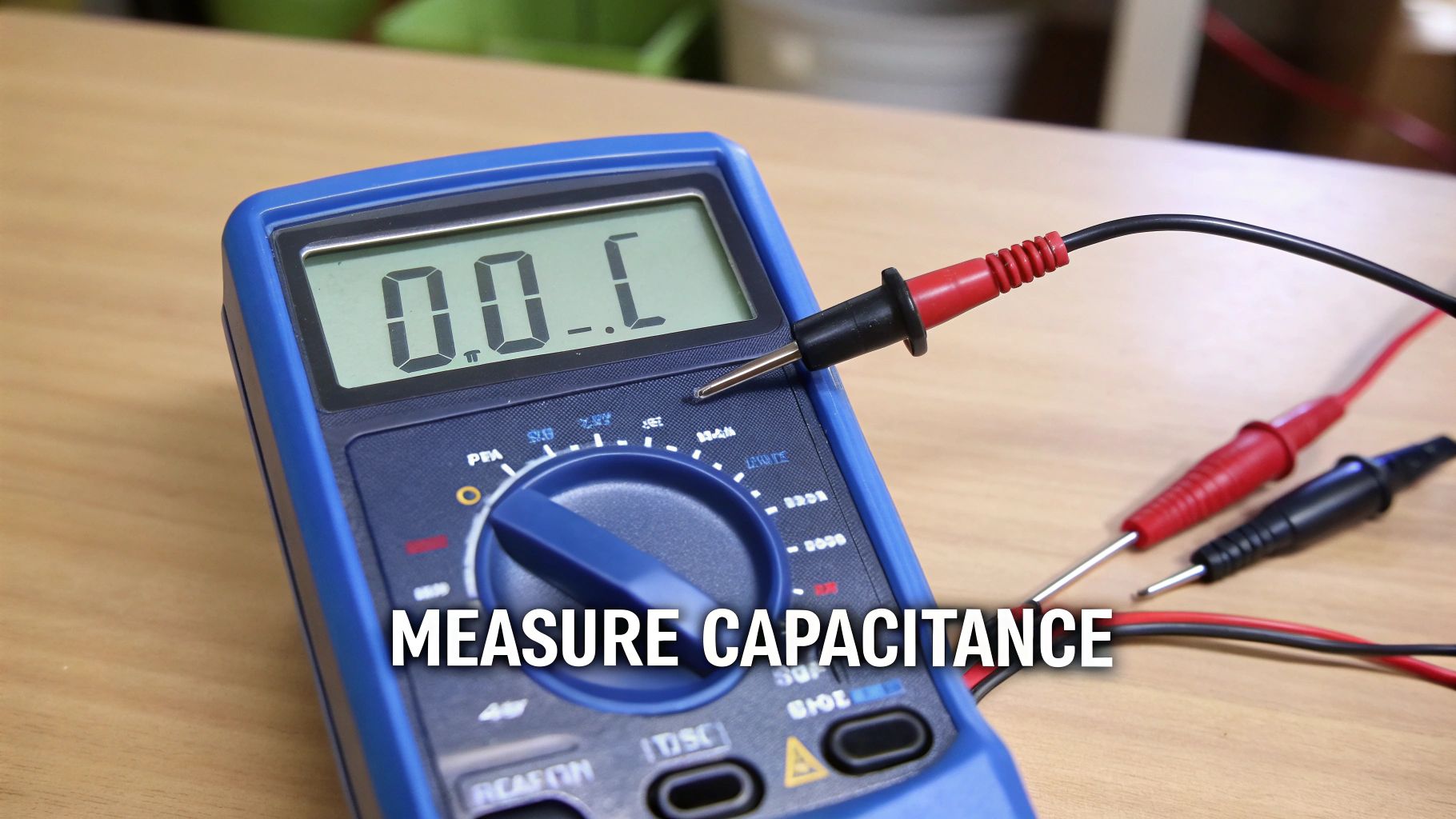 A blue digital multimeter with red and black test leads displaying '0.0.1' and text 'MEASURE CAPACITANCE'.