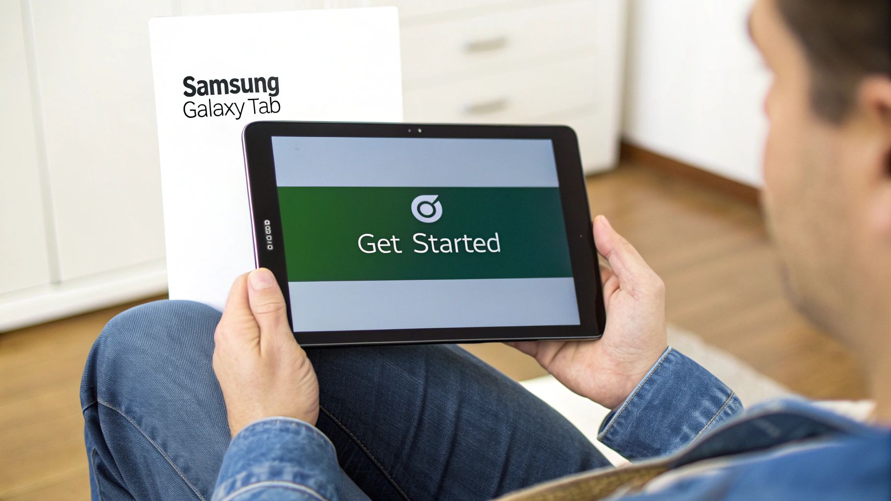 A person holds a new Samsung Galaxy Tab on its 'Get Started' setup screen.