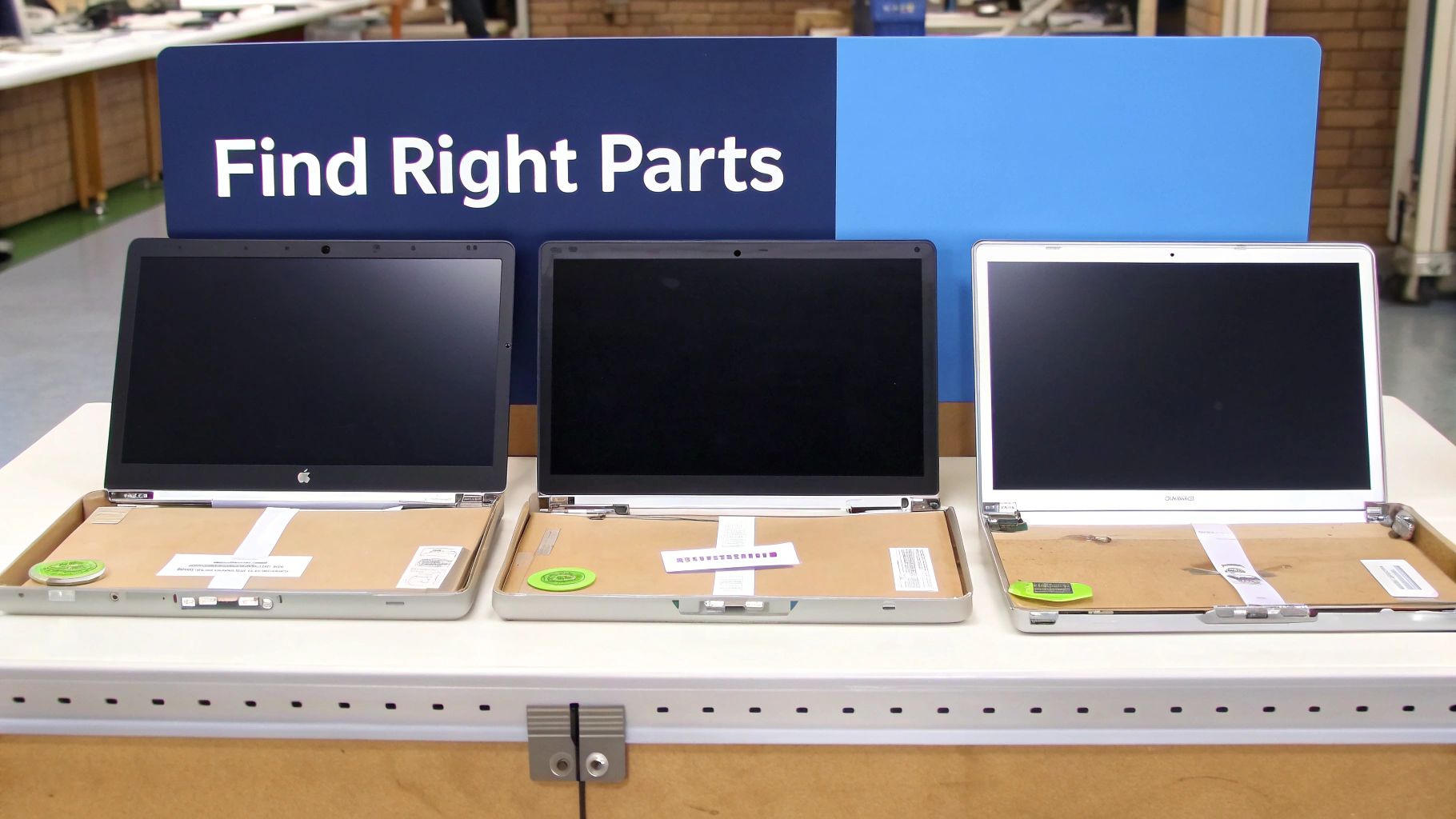 Three open laptops displaying replacement parts on a table with a 'Find Right Parts' sign.