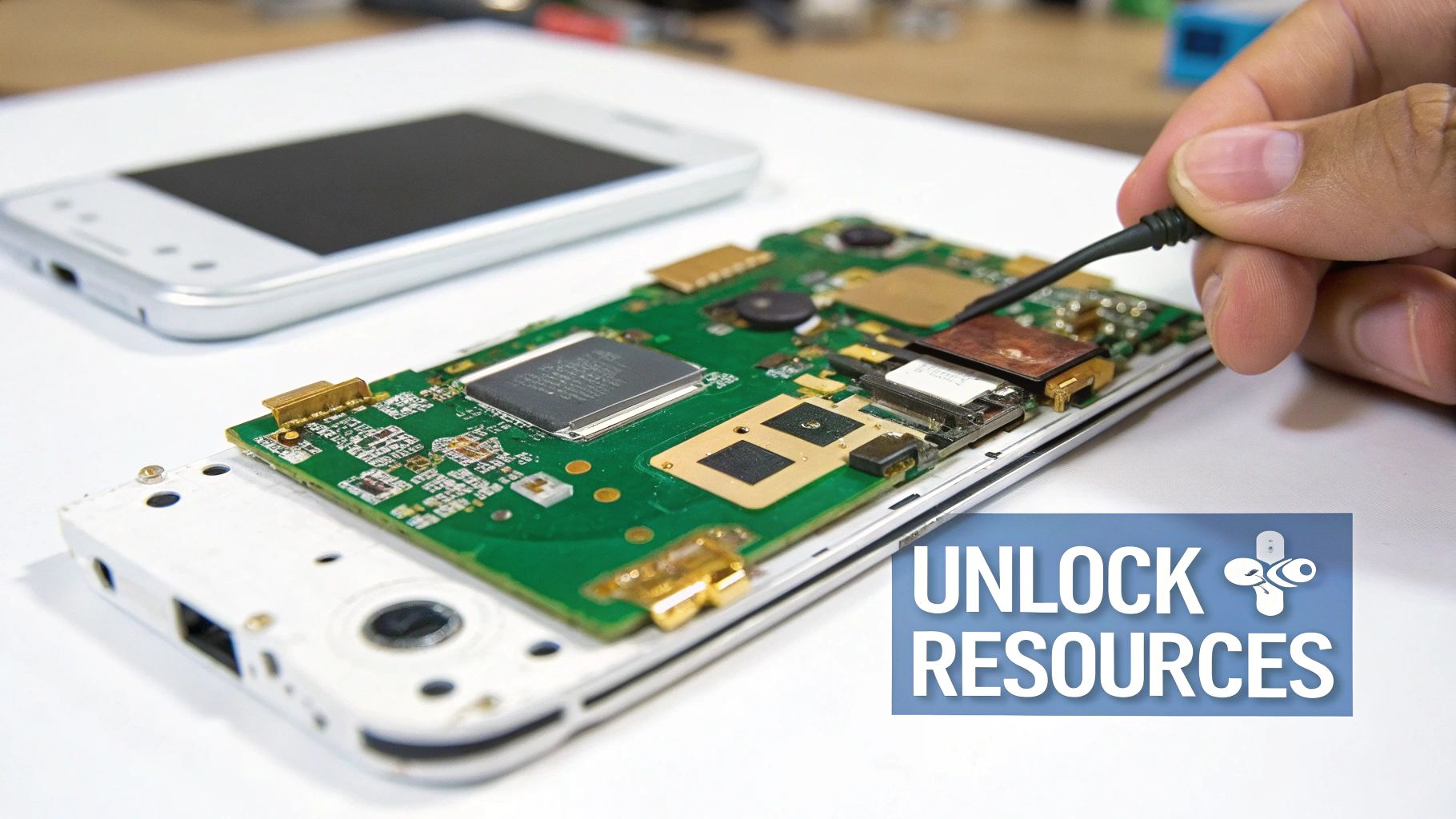 A hand uses a tool to work on the exposed circuit board of a disassembled smartphone.