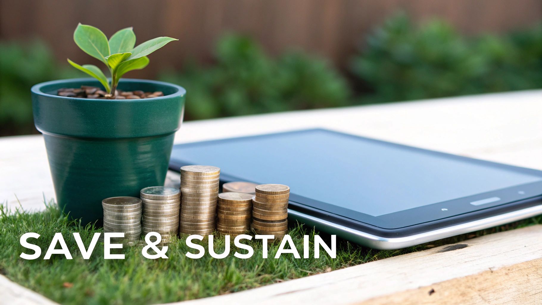 A potted plant, stacks of coins, and a tablet on grass with 'SAVE & SUSTAIN' text, symbolizing eco-friendly finance.