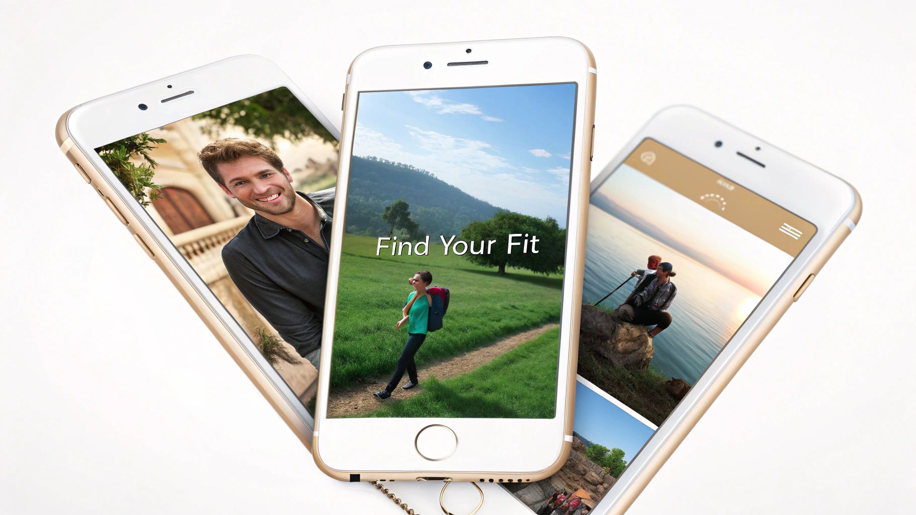 Three golden iPhones displaying various app content including a smiling man, a hiker, and a scenic sunset.
