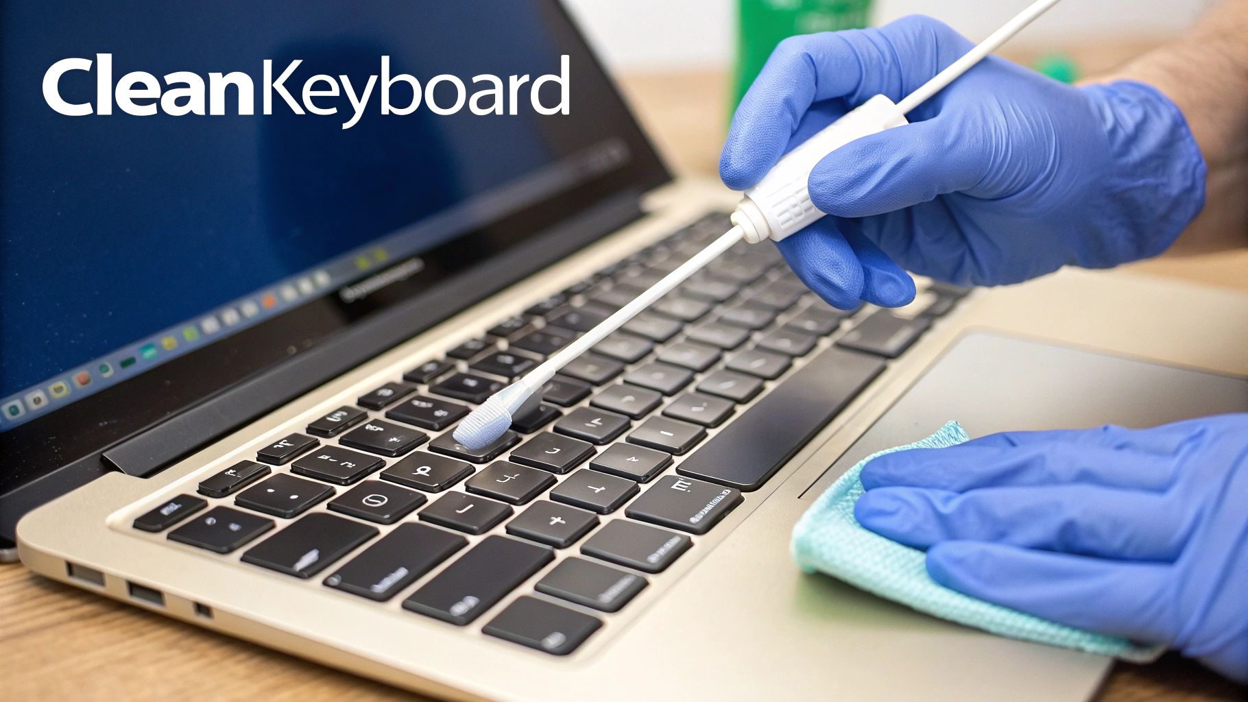 Gloved hands cleaning a laptop keyboard and palm rest with a brush and microfiber cloth.