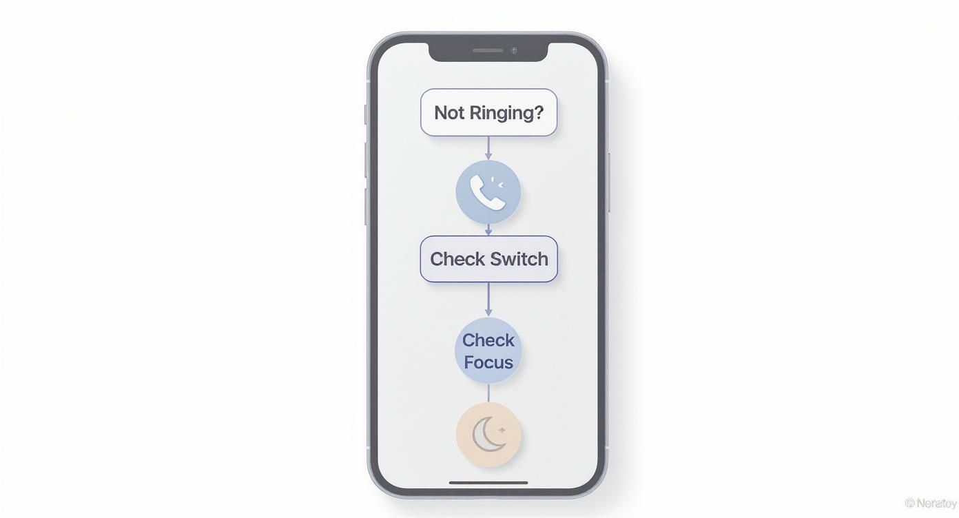 Troubleshooting steps on an iPhone screen for calls not ringing, including checking the ringer switch and Focus mode.
