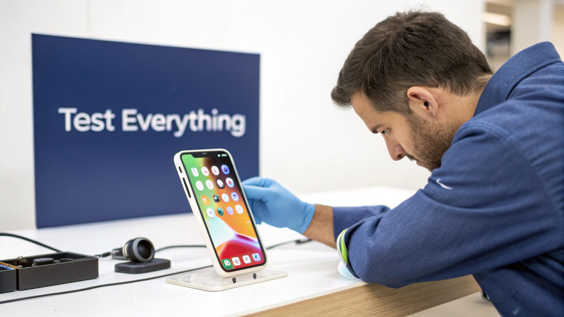 Technician wearing blue gloves testing iPhone on stand with Test Everything display behind