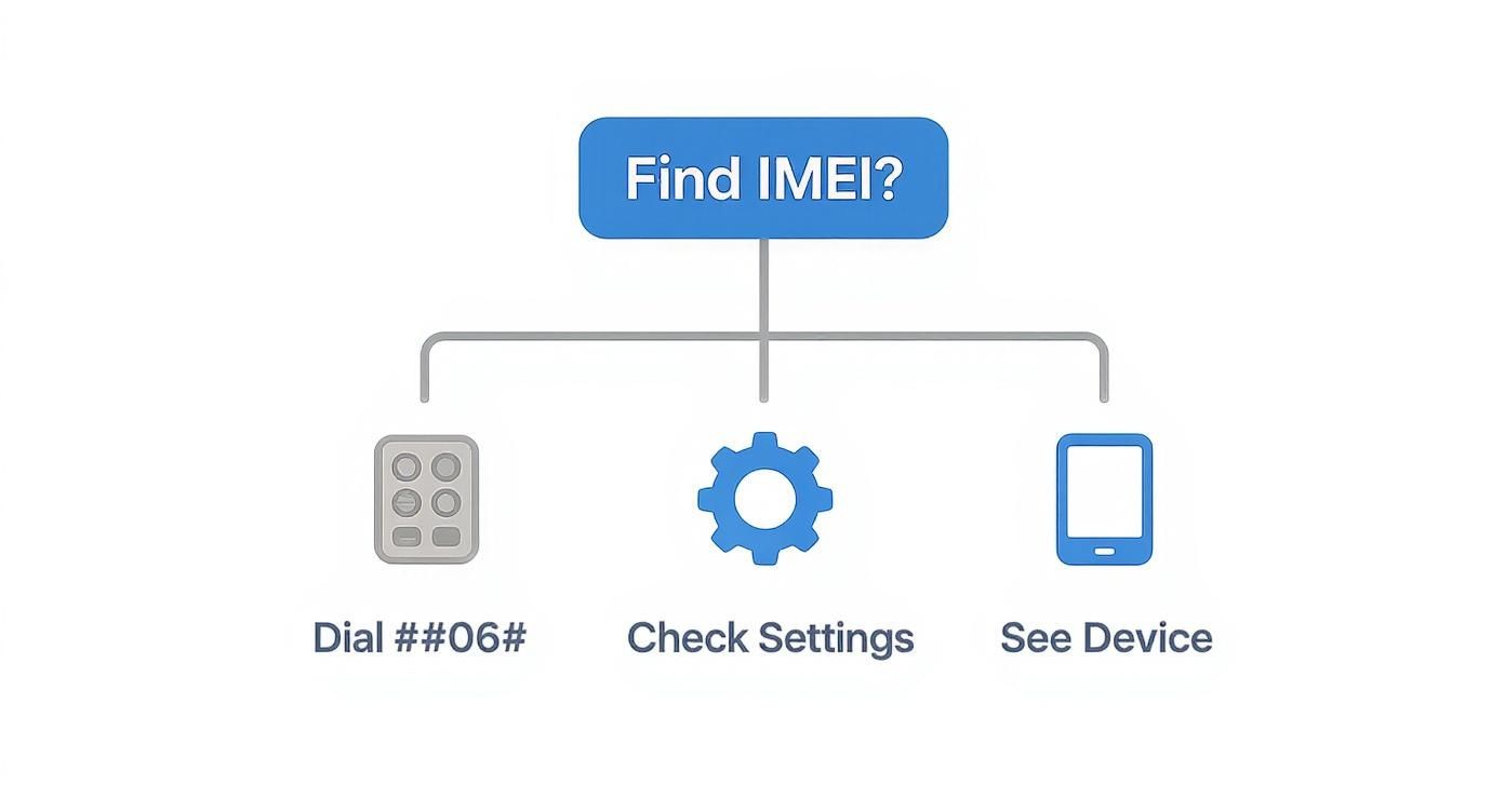 A diagram illustrates three methods to find IMEI: dial ##06#, check settings, or inspect the device.