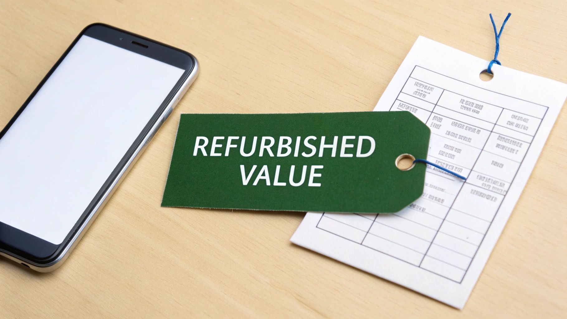A smartphone, a green 'REFURBISHED VALUE' tag, and a document on a wooden table.