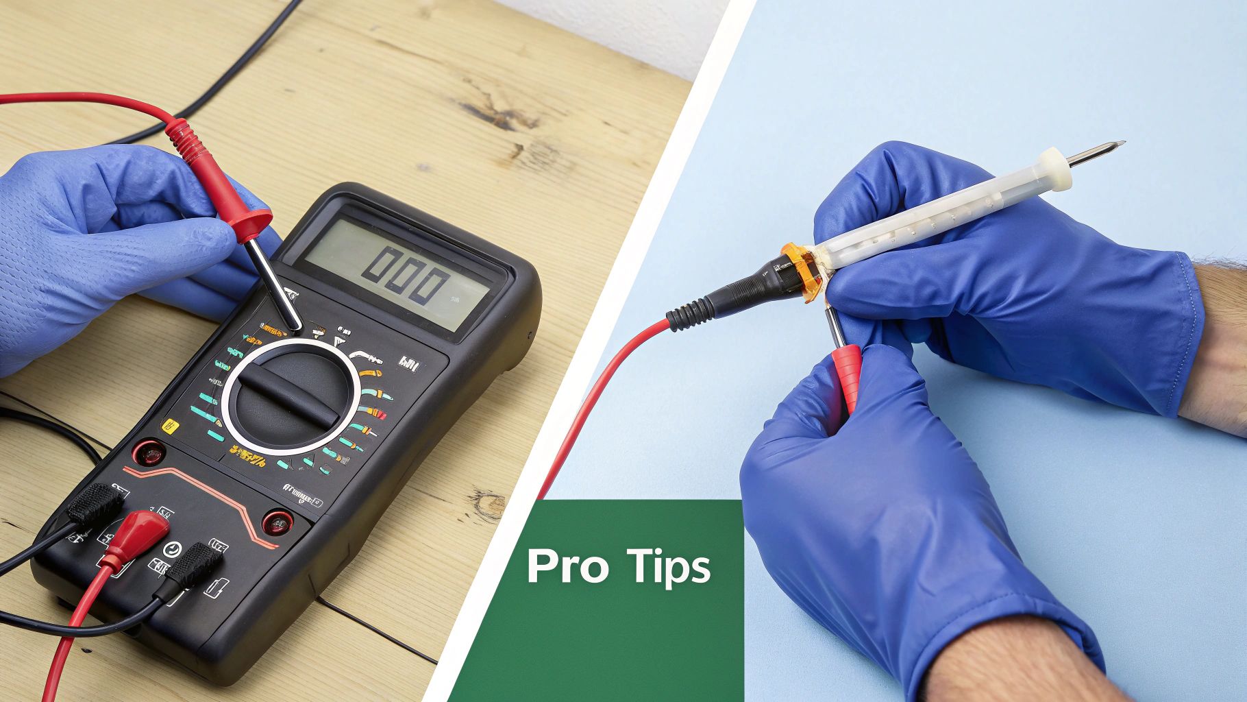 Hands in blue gloves demonstrate how to use a multimeter and another electrical testing tool.