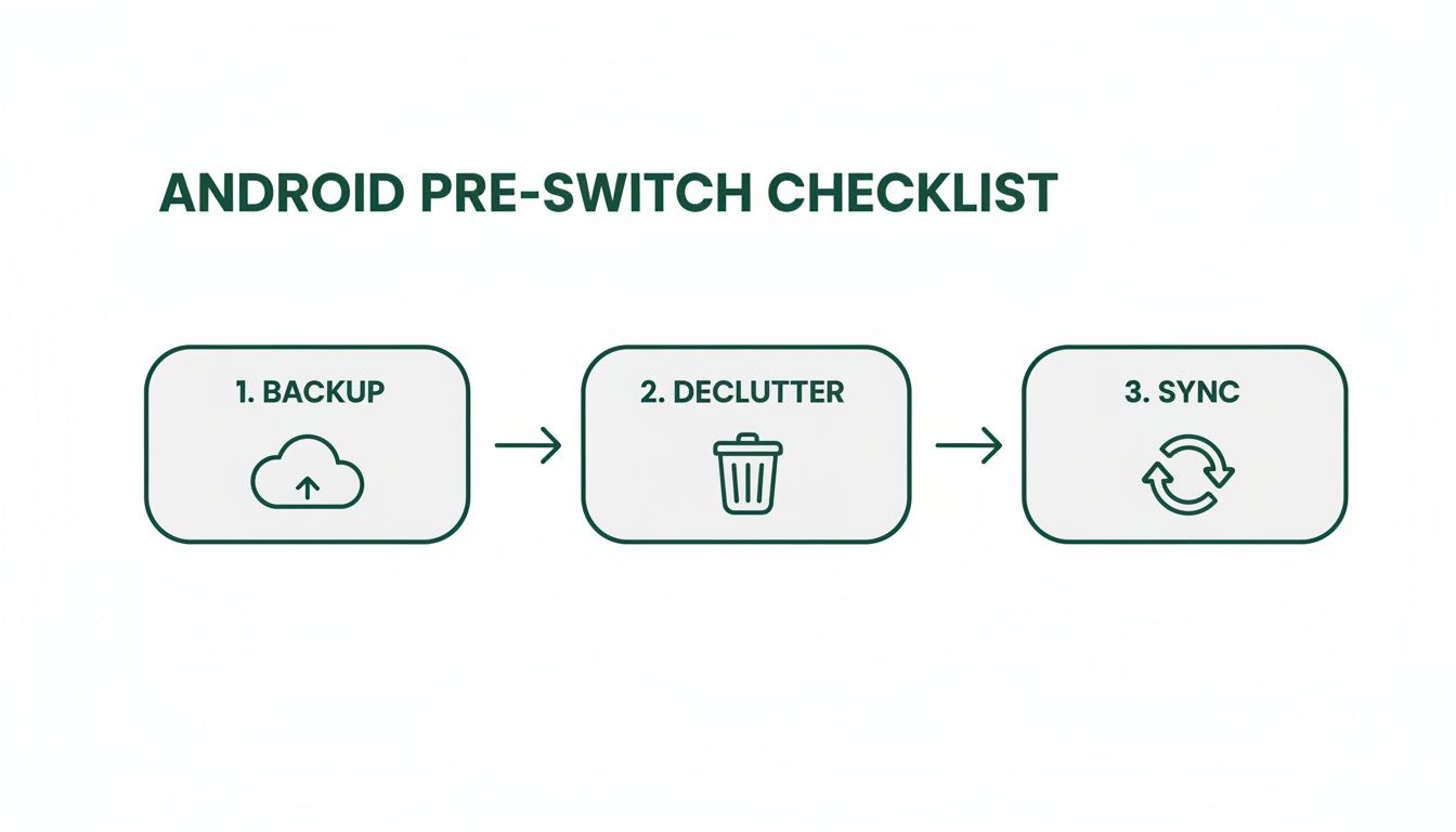 A three-step checklist for Android pre-switch, including backup, declutter, and sync actions.