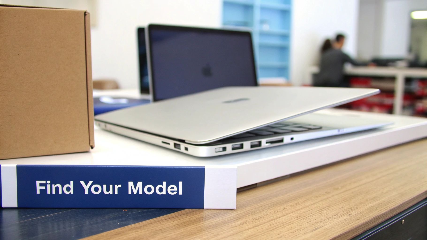A partially open silver MacBook Air laptop on a desk with a 'Find Your Model' sign.