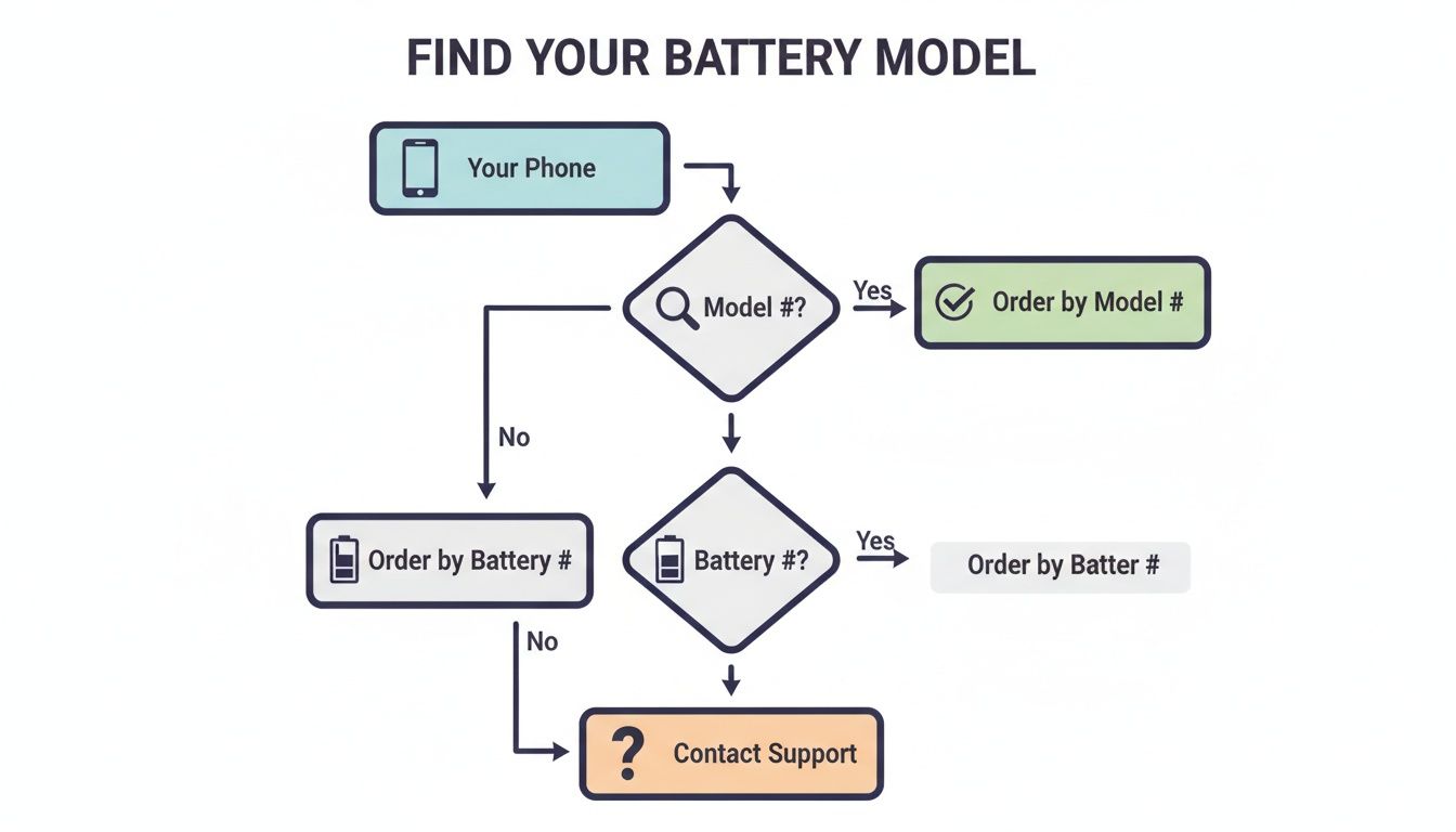 Flowchart illustrating steps to find your phone's battery model or battery number for ordering.
