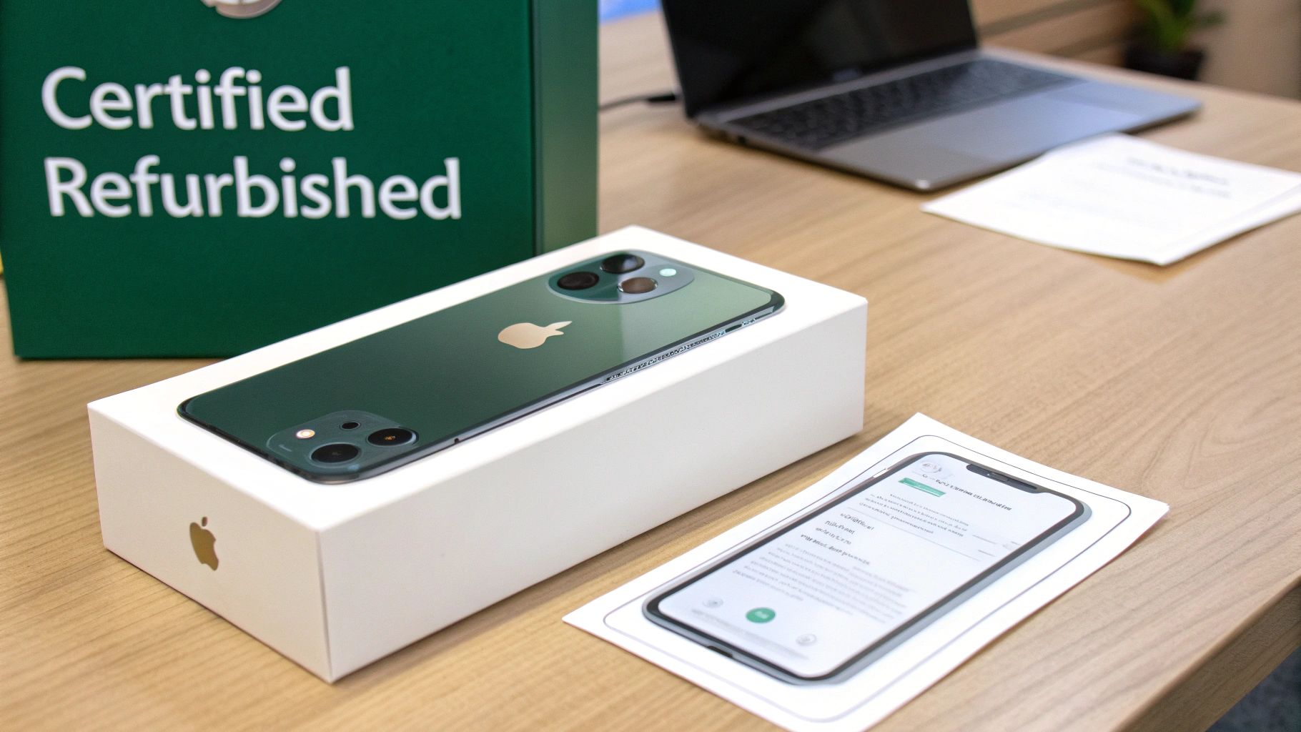 A green iPhone in a white box next to a 'Certified Refurbished' sign on a wooden desk.