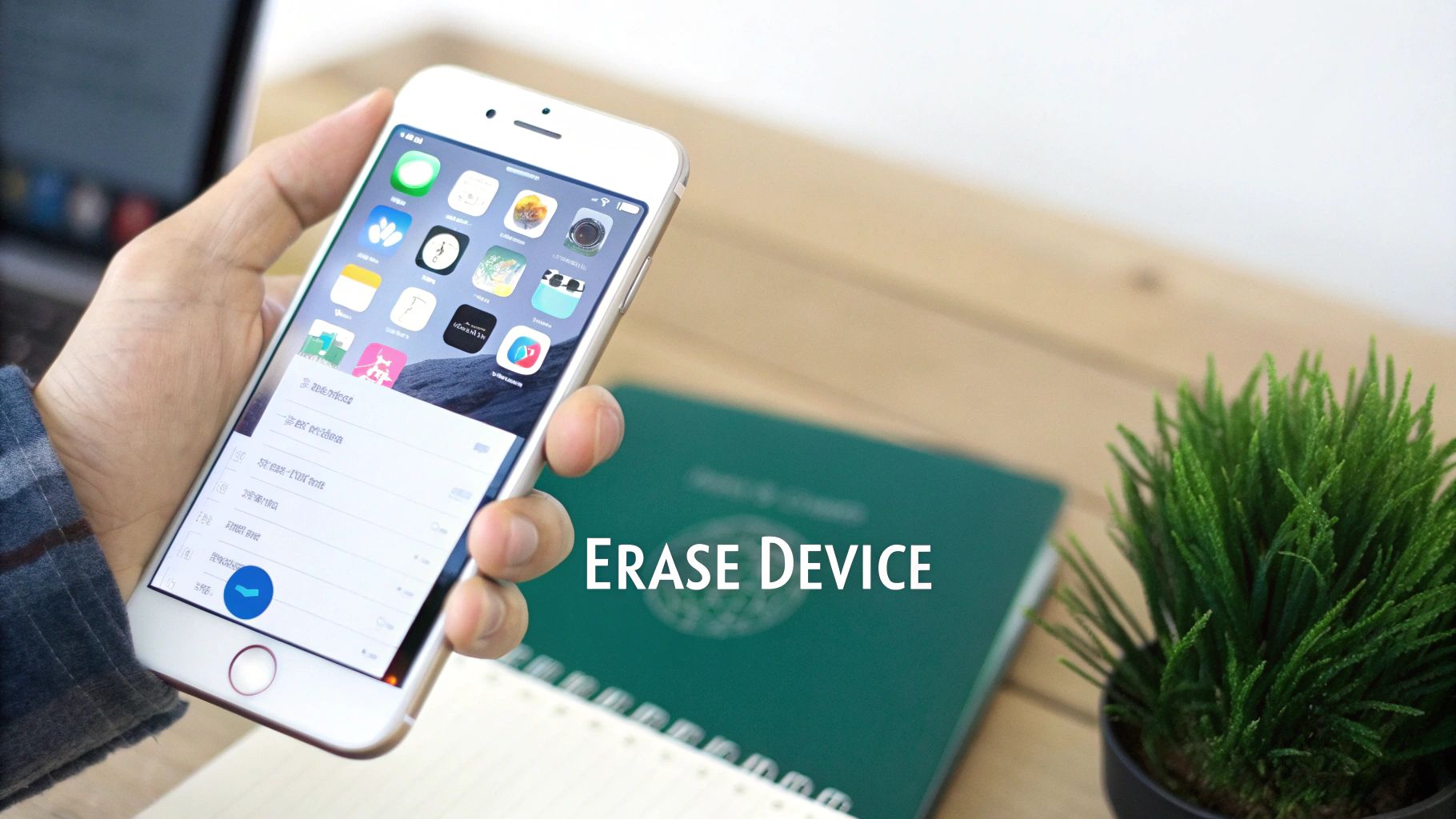 A hand holds an iPhone displaying app icons and notifications, with 'ERASE DEVICE' text overlaid.
