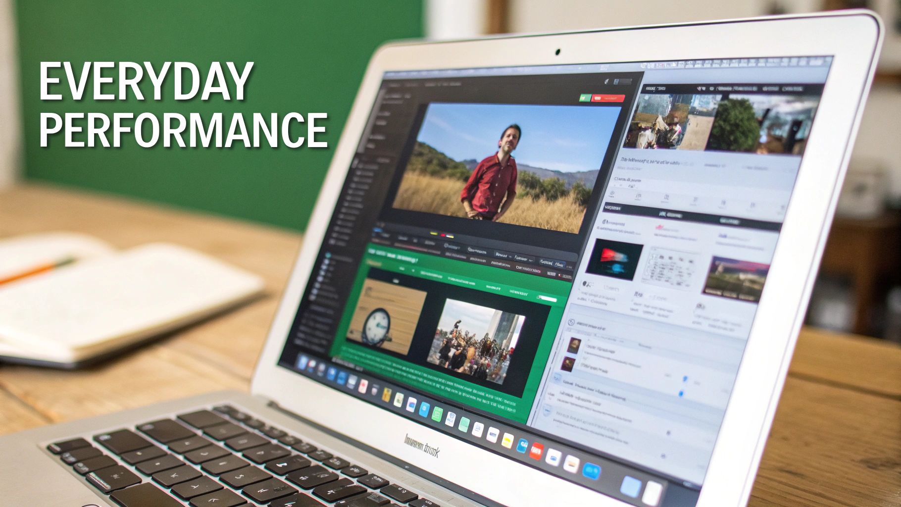 A MacBook Air laptop on a wooden desk displaying various applications and a video, suggesting everyday use.