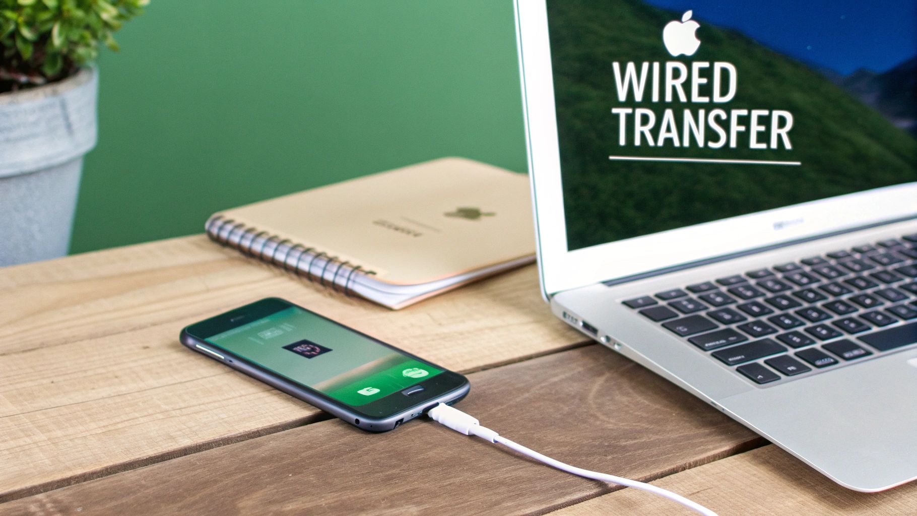 An iPhone connected to a MacBook on a wooden desk, displaying 'Wired Transfer' on screen.