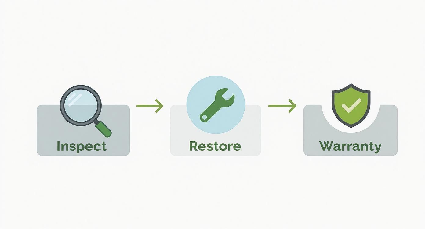 A three-step diagram illustrating the refurbished product process: Inspect, Restore, and Warranty.