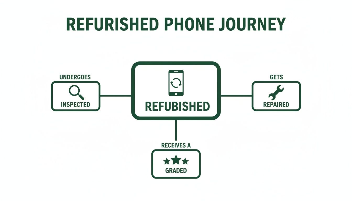 Flowchart illustrating the journey of a refurbished phone, detailing inspection, repair, and grading stages.