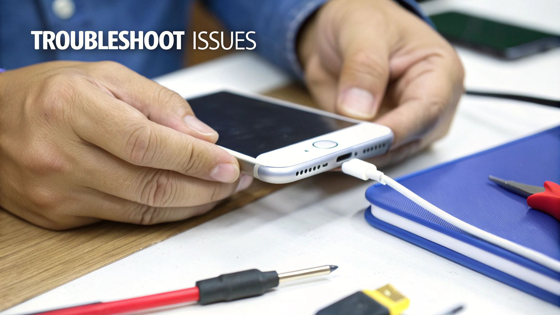 Hands plugging a charging cable into a white smartphone on a desk, for troubleshooting.