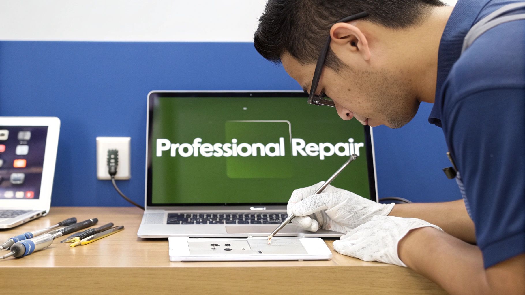 A technician carefully working on a MacBook Pro display replacement.