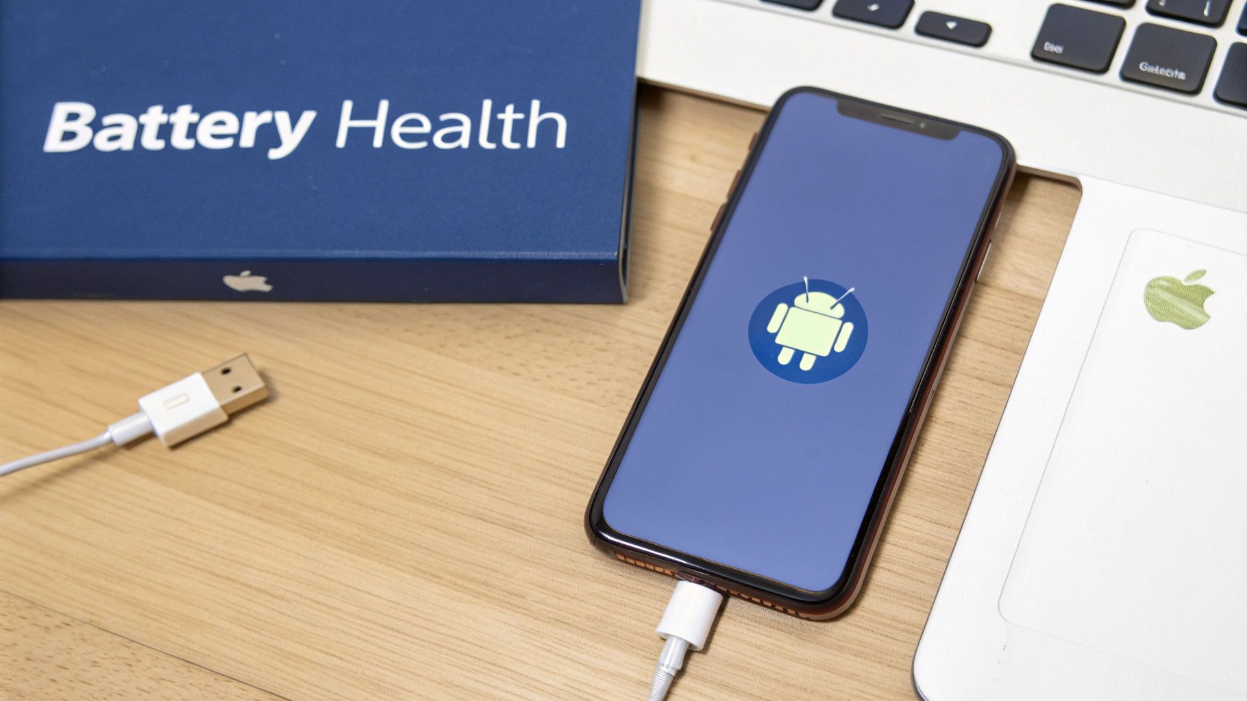 A phone displaying its battery health percentage on the screen, held by a person.