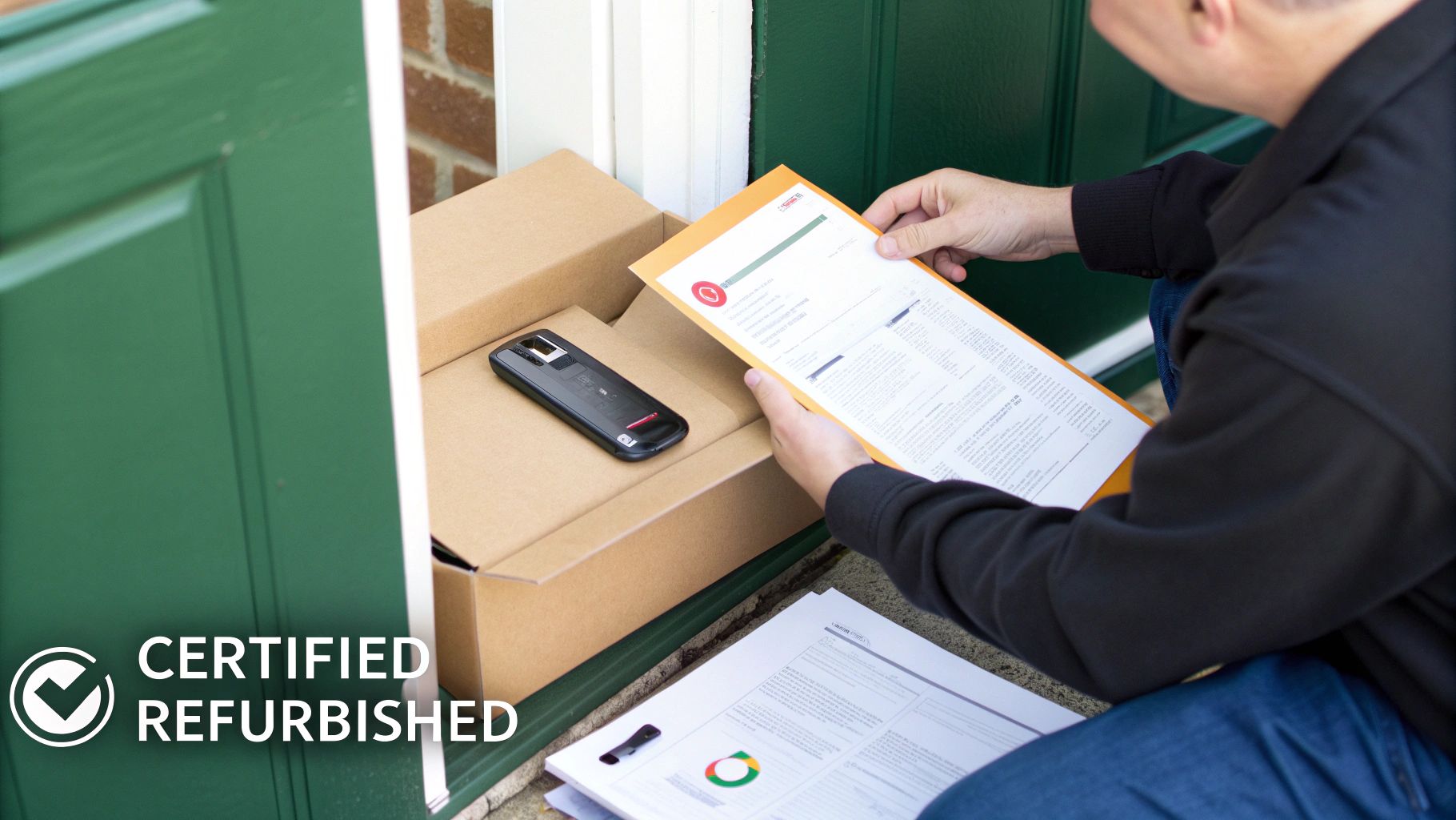 A person unboxes a 'Certified Refurbished' smartphone from a cardboard box with documents.