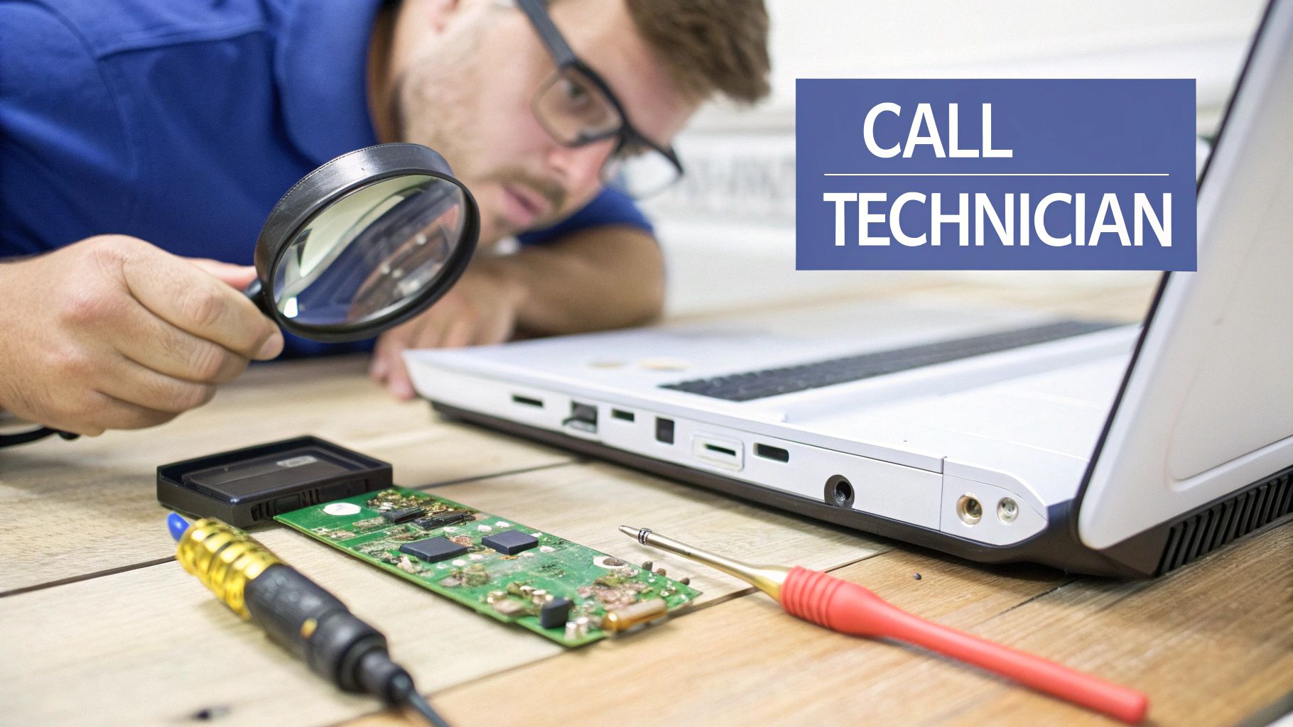 A technician wearing an anti-static wrist strap carefully solders a small component onto a computer motherboard.