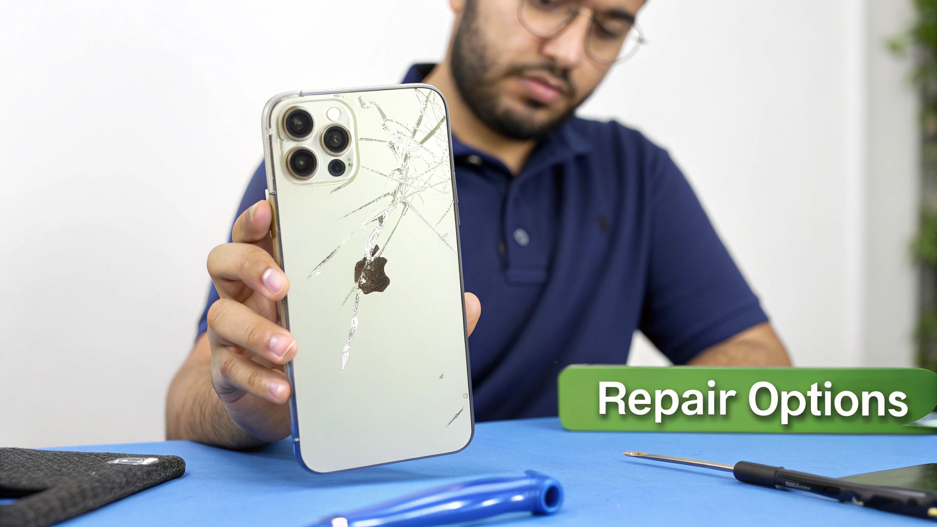 A cracked iPhone 15 Pro Max screen held in someone's hand, showing the damage clearly.