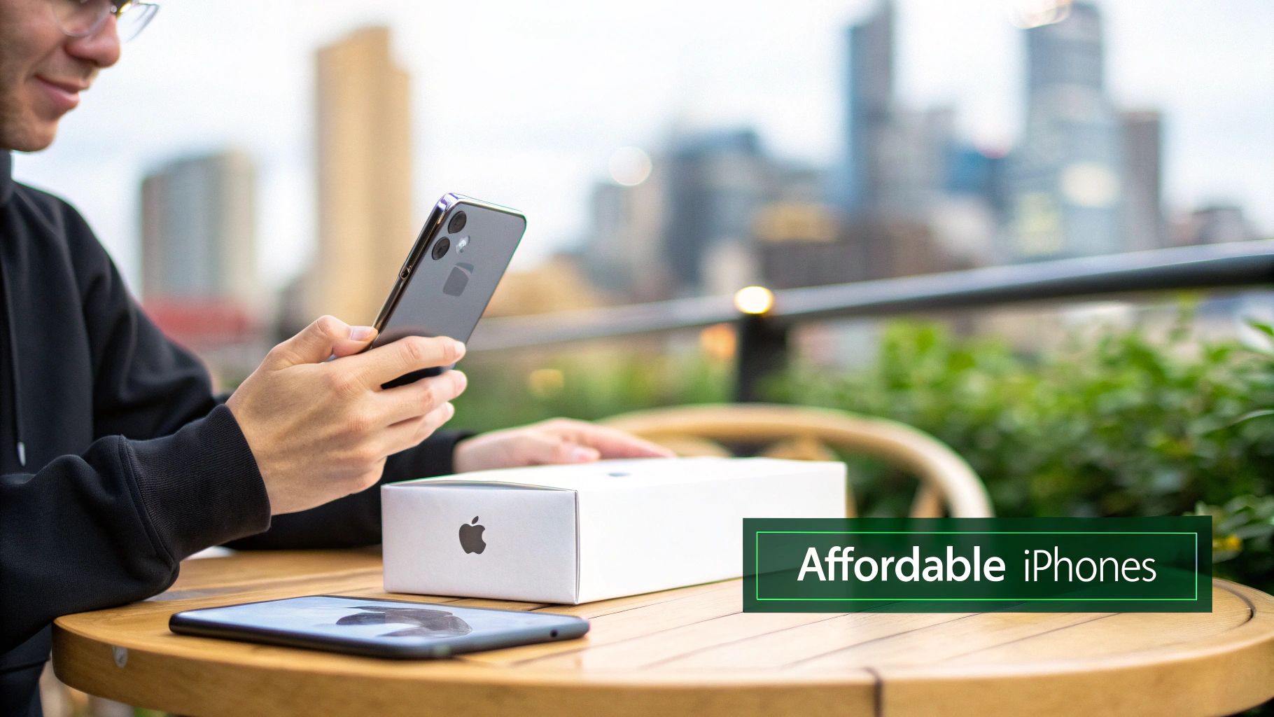 Person holding iPhone with Apple box on outdoor table overlooking Brisbane city skyline