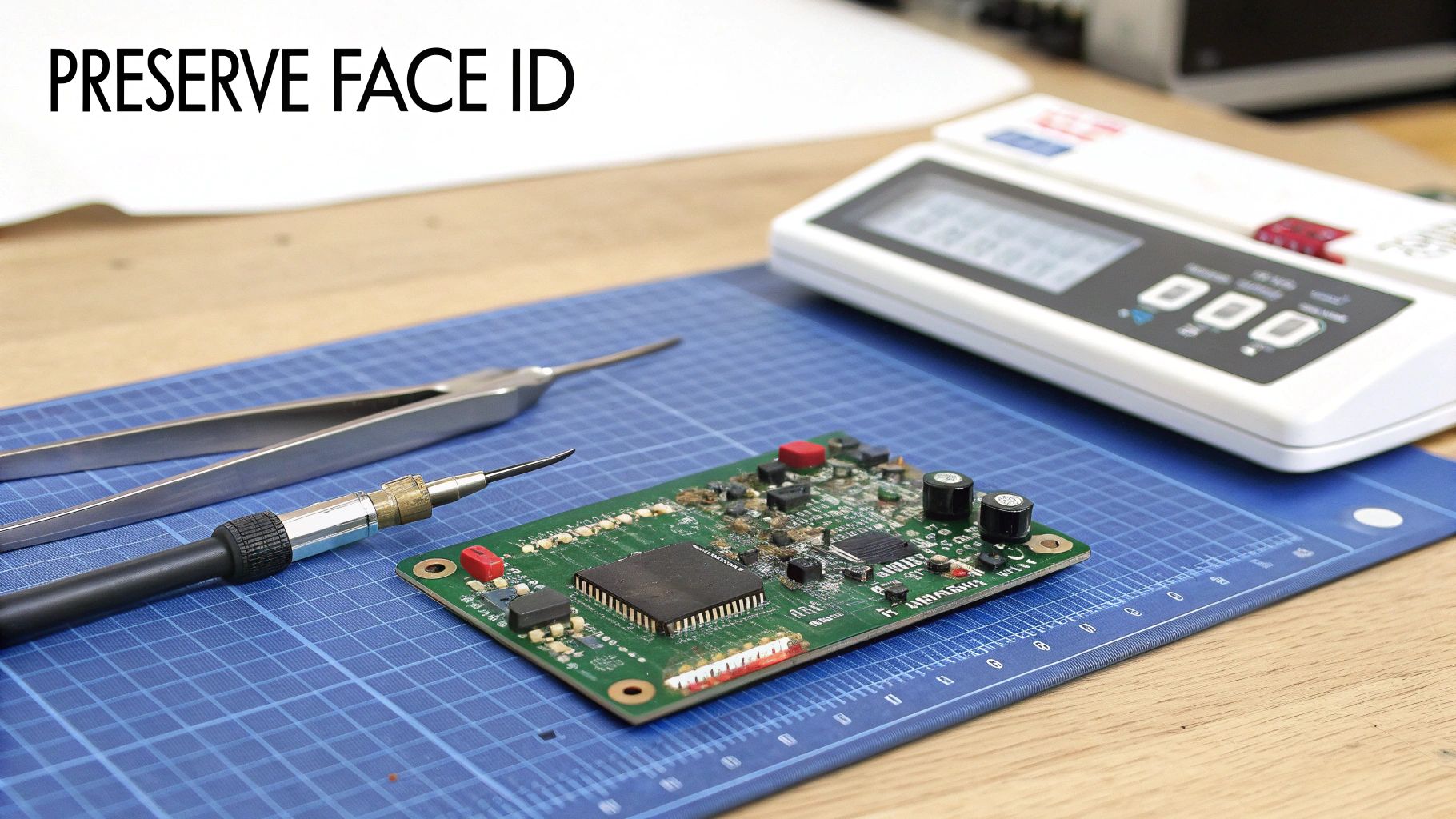 Close-up of electronic repair tools, a circuit board, and a measuring device on a blue cutting mat.