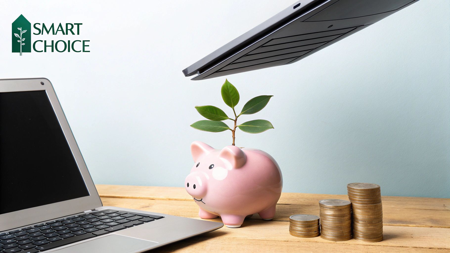 A person working on a refurbished laptop with a green plant in the background, symbolising sustainability.