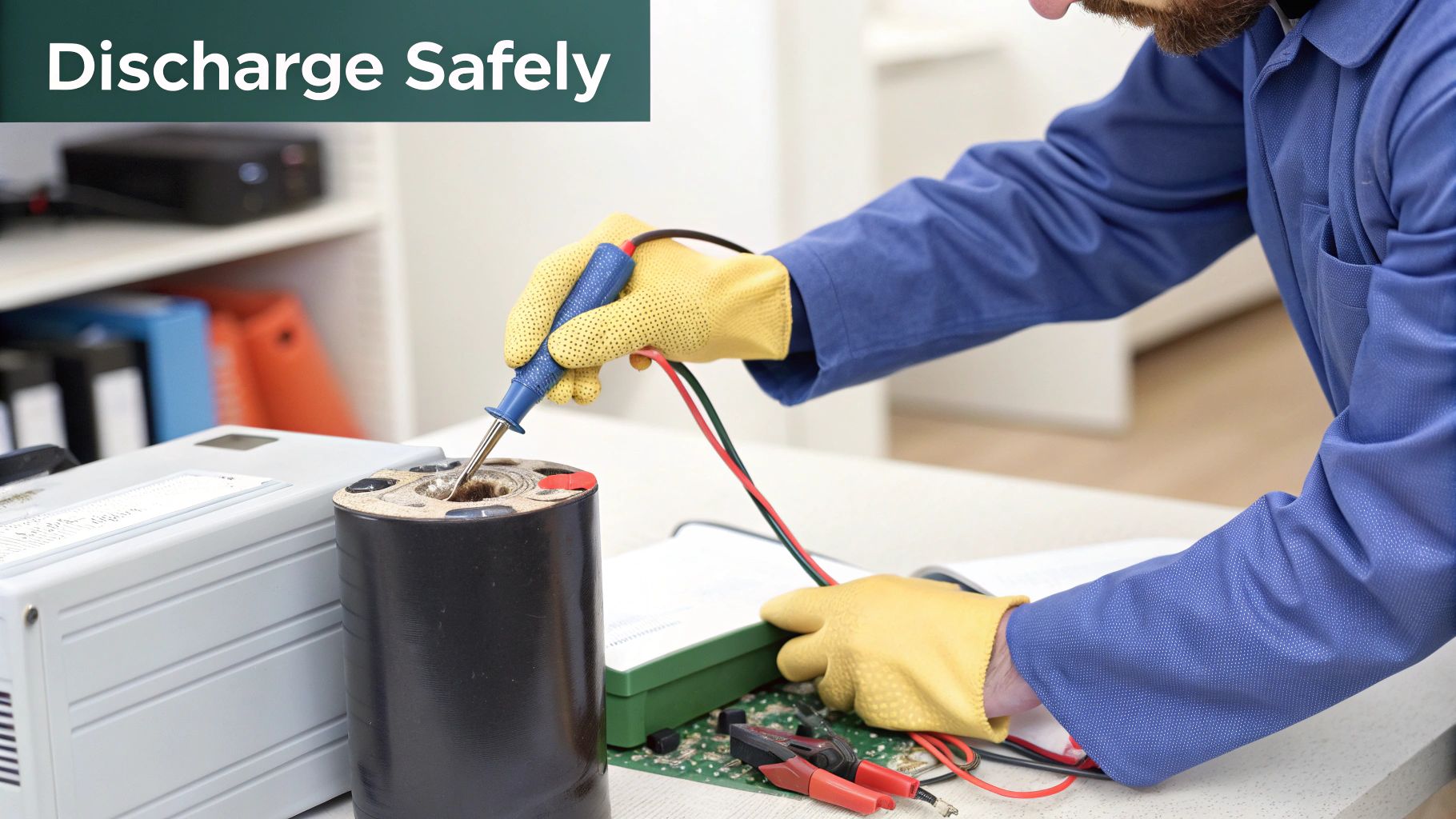 Technician in gloves safely working with an electrical capacitor on a workbench with tools.