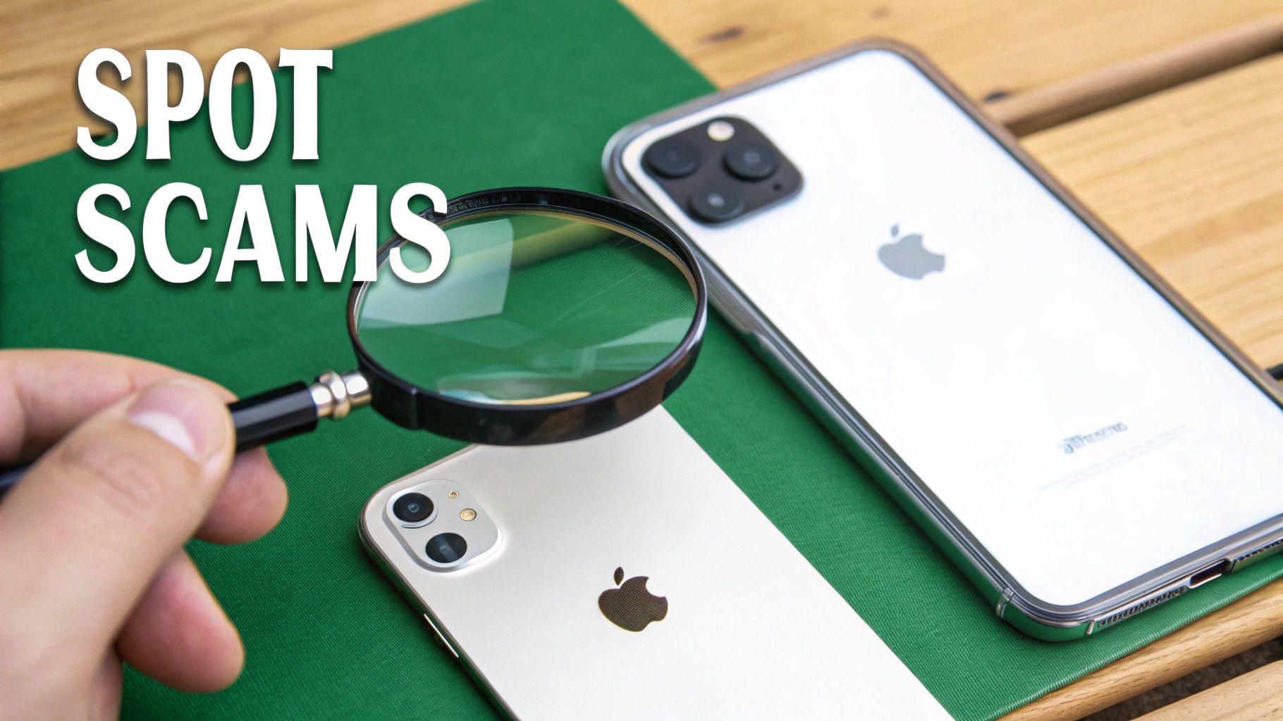 A person cautiously inspecting an iPhone screen for signs of a scam.